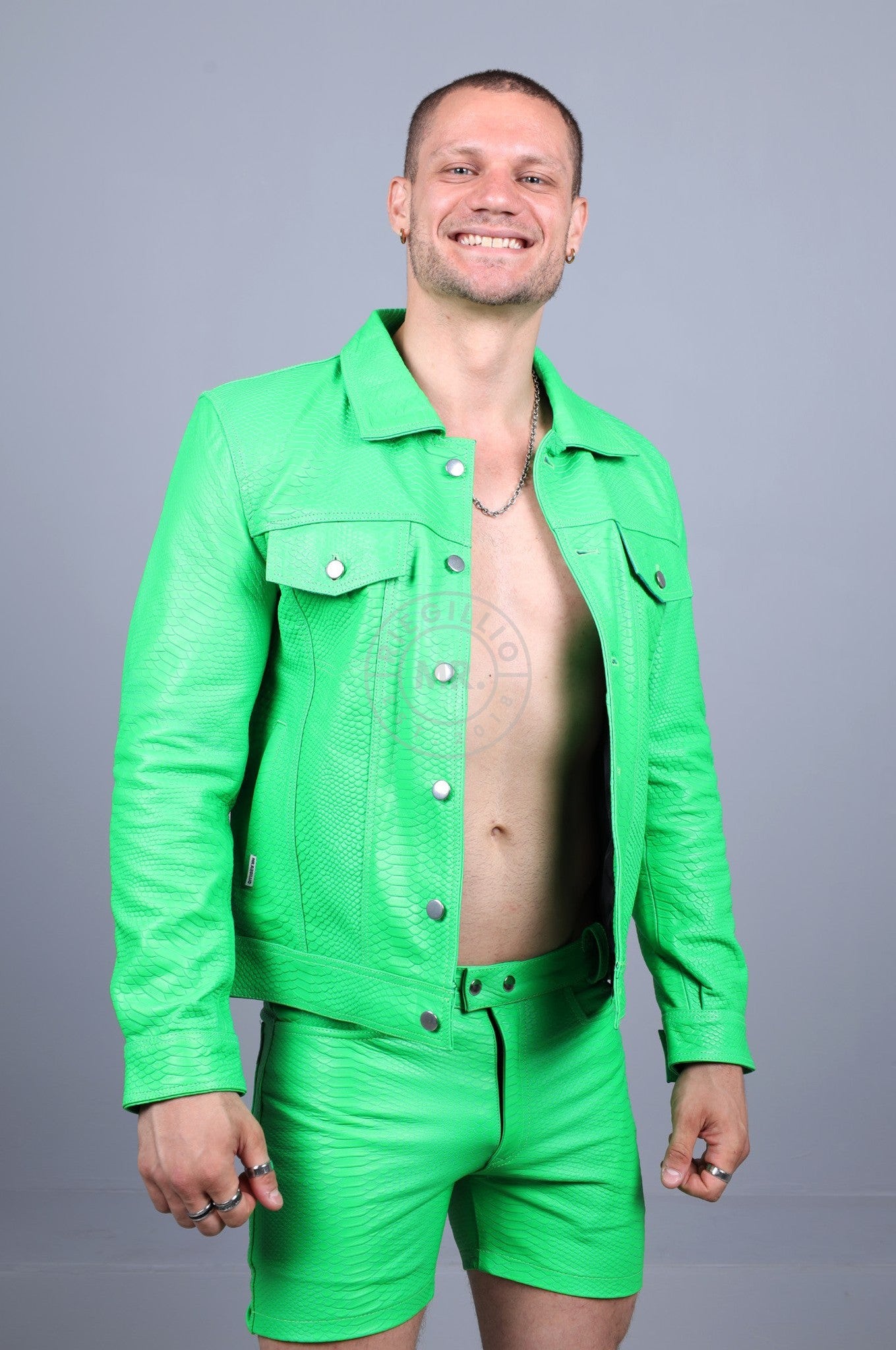 Leather Snake Trucker Jacket - Neon Green at MR. Riegillio