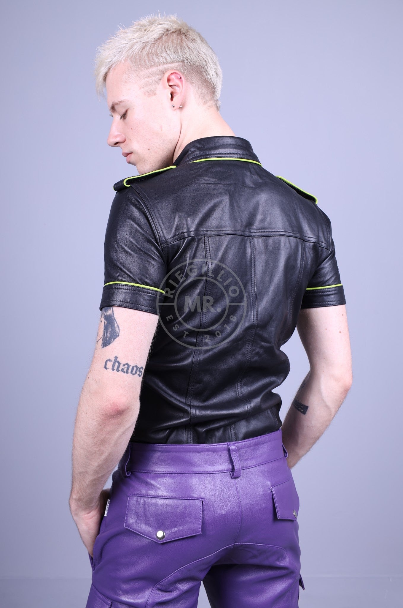 Black Leather Shirt - Lime Piping at MR. Riegillio