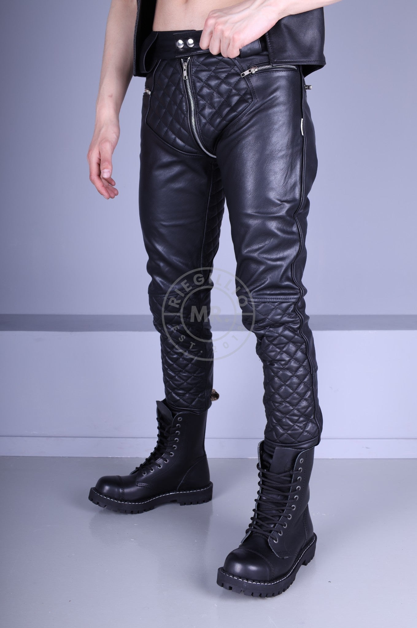 Padded Leather Pants - Black Piping at MR. Riegillio