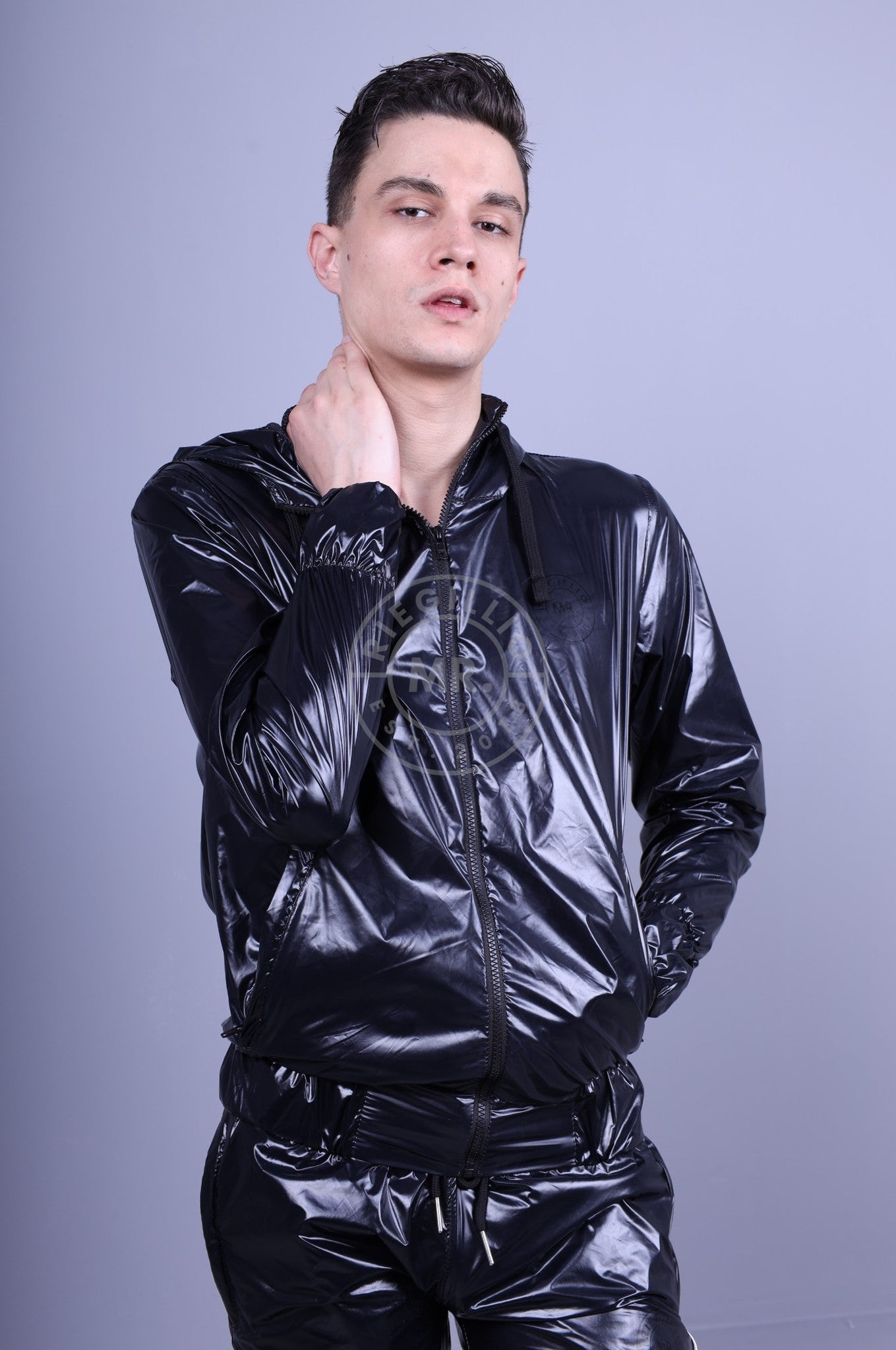 Full Black Shiny Nylon Tracksuit Jacket at MR. Riegillio