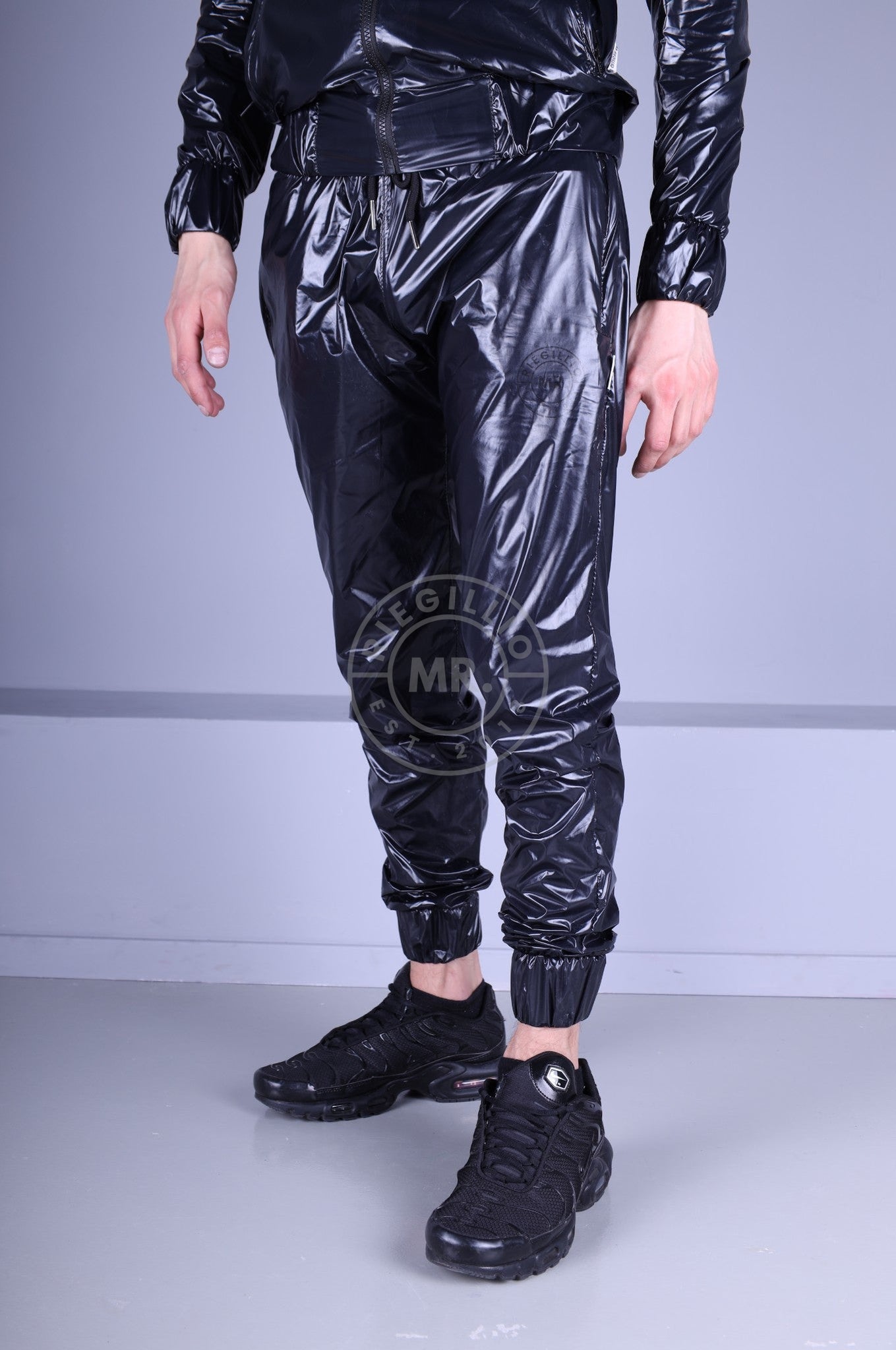 Full Black Shiny Nylon Tracksuit Pants-at MR. Riegillio