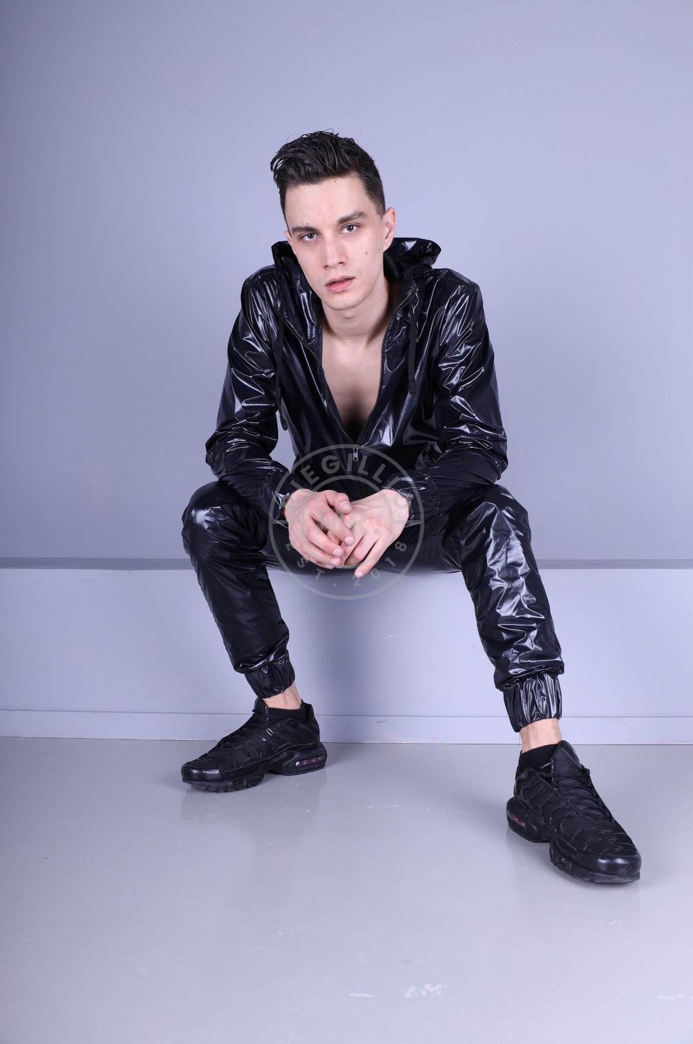 Full Black Shiny Nylon Tracksuit Jacket at MR. Riegillio