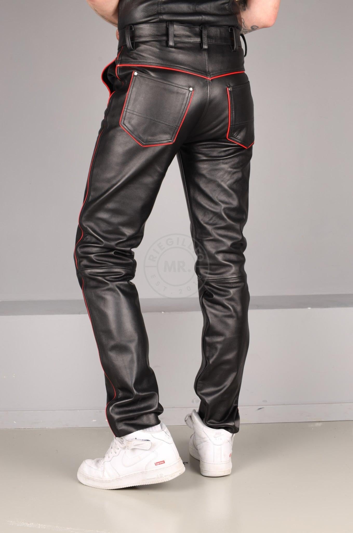 Black Leather 5 Pocket Pants - Red Piping at MR. Riegillio