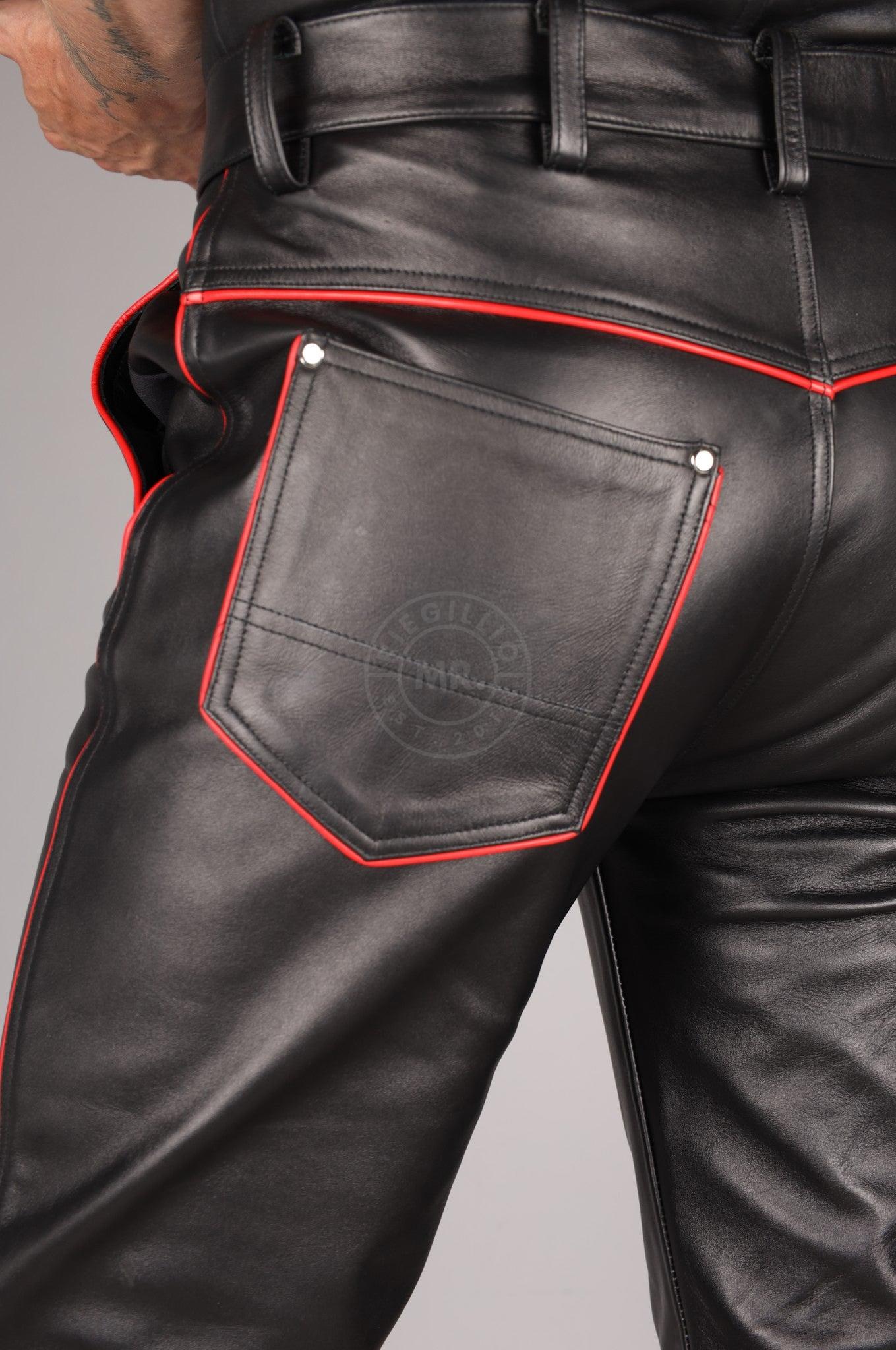 Black Leather 5 Pocket Pants - Red Piping at MR. Riegillio