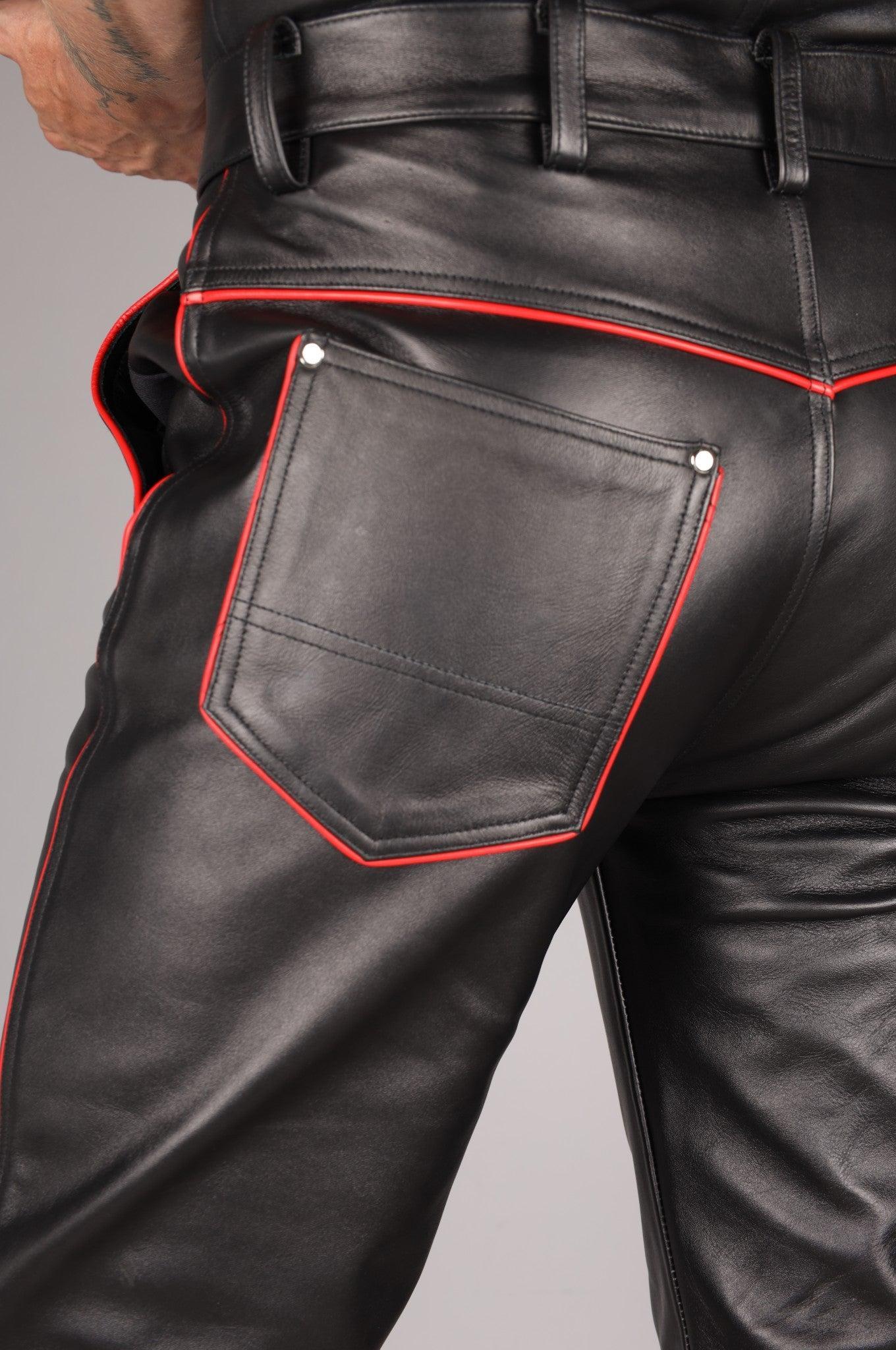 Black Leather 5 Pocket Pants - Red Piping at MR. Riegillio