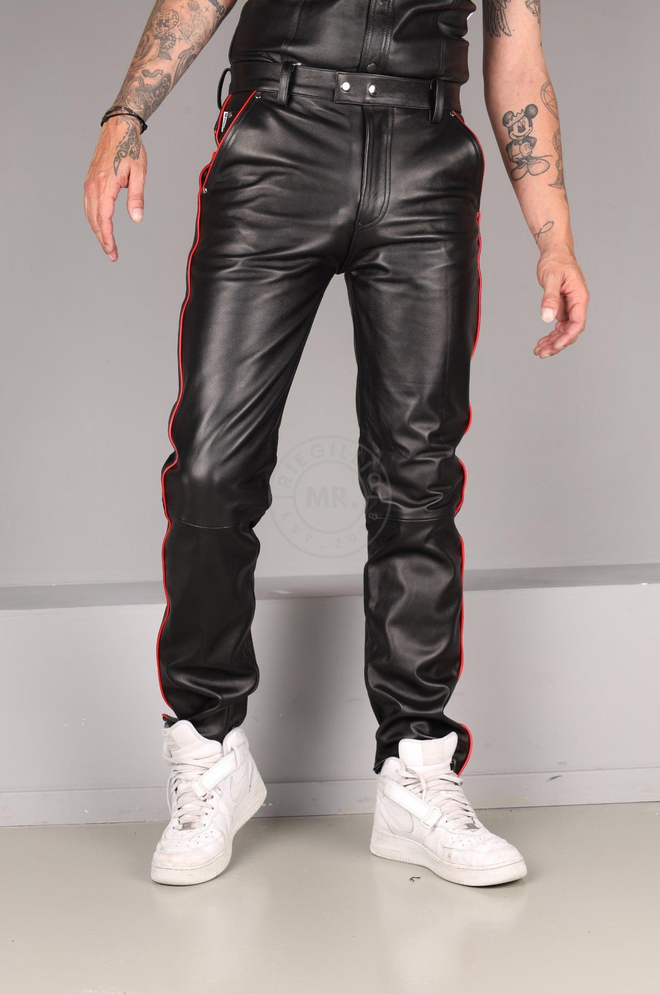 Black Leather 5 Pocket Pants - Red Piping at MR. Riegillio