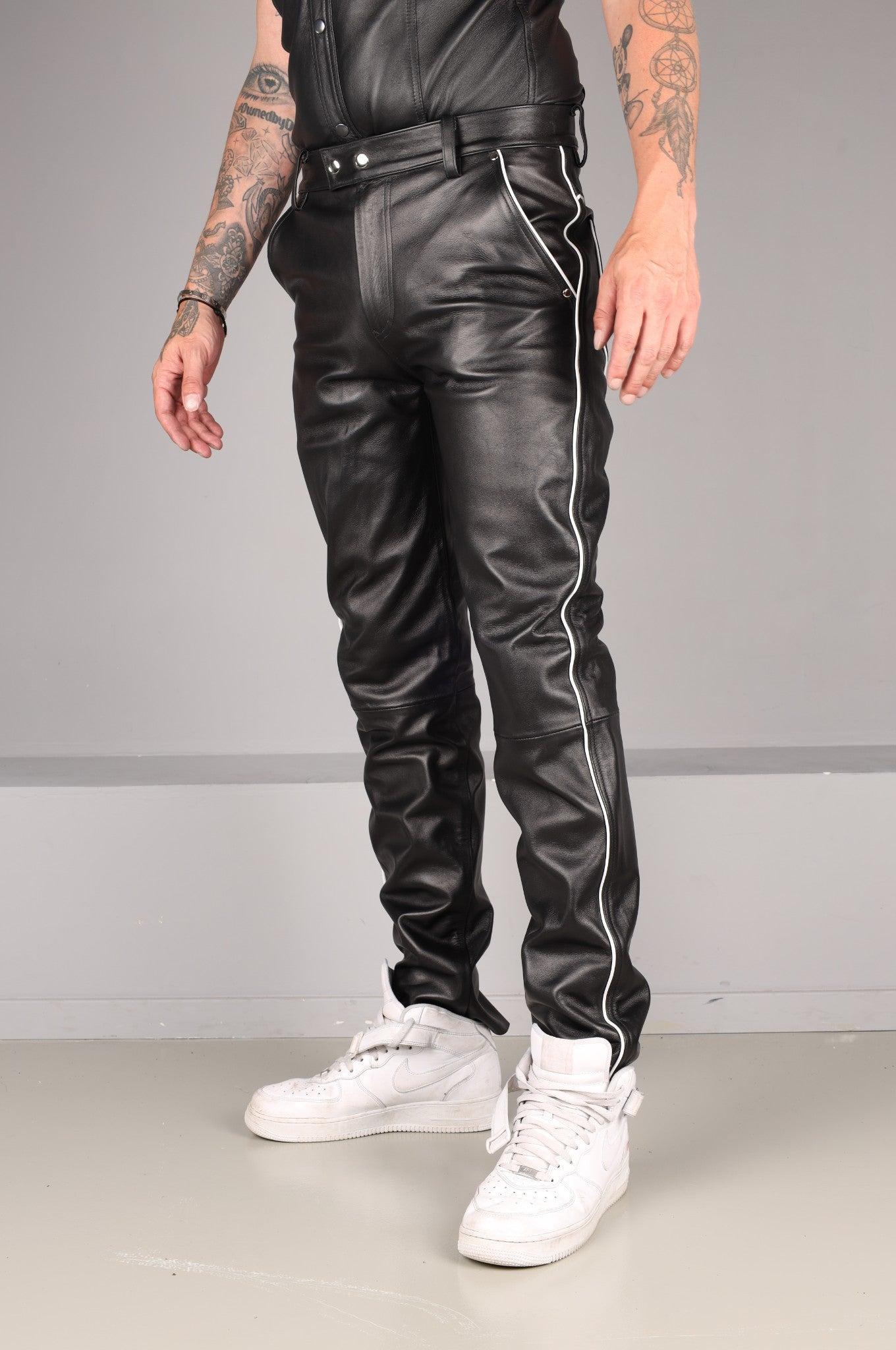 Black Leather 5 Pocket Pants - White Piping at MR. Riegillio