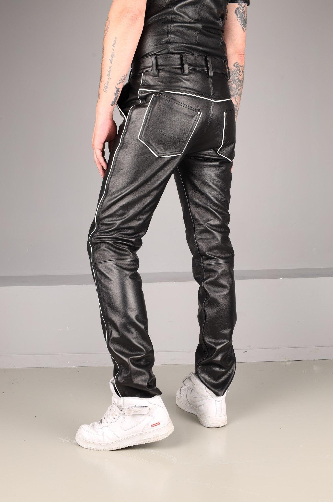 Black Leather 5 Pocket Pants - White Piping at MR. Riegillio
