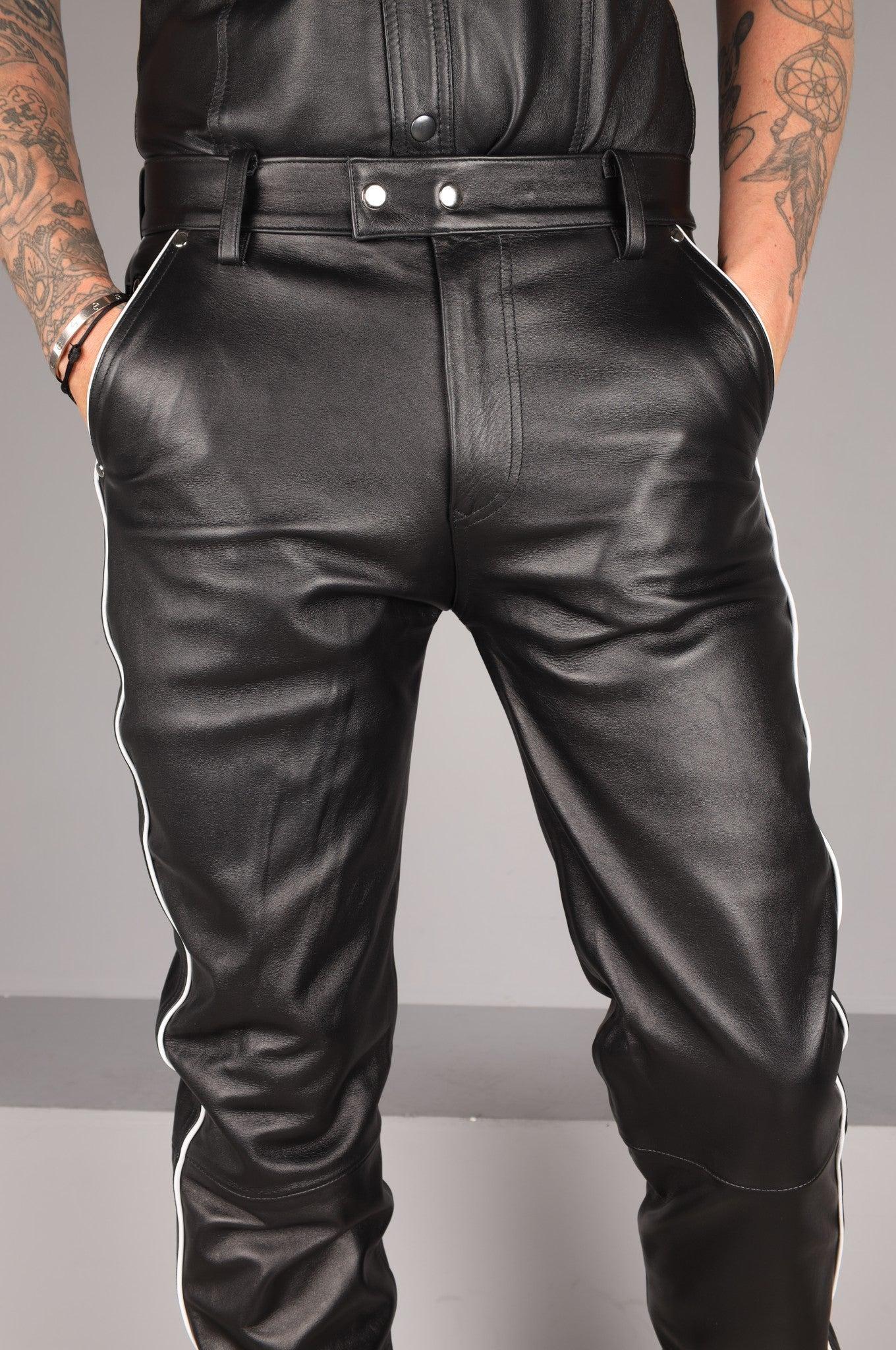 Black Leather 5 Pocket Pants - White Piping at MR. Riegillio