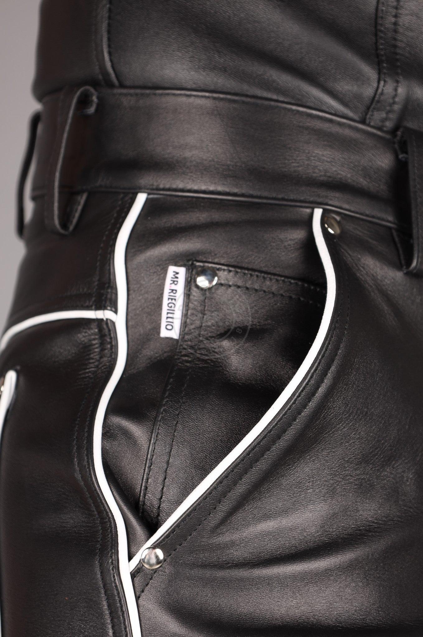 Black Leather 5 Pocket Pants - White Piping at MR. Riegillio