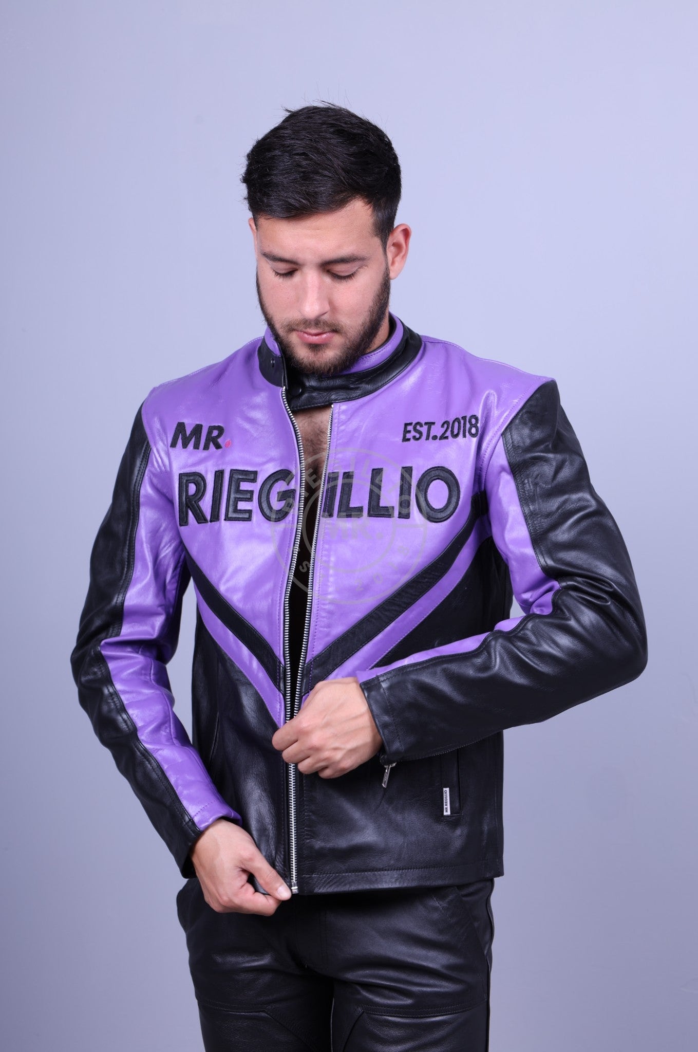 Purple leather biker jacket sale