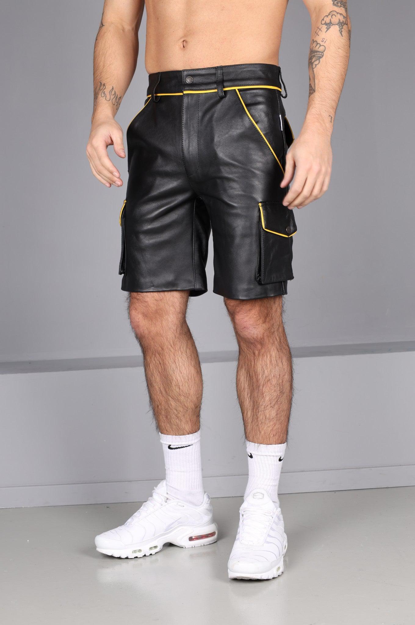 Black Leather Cargo Short - Yellow Piping at MR. Riegillio