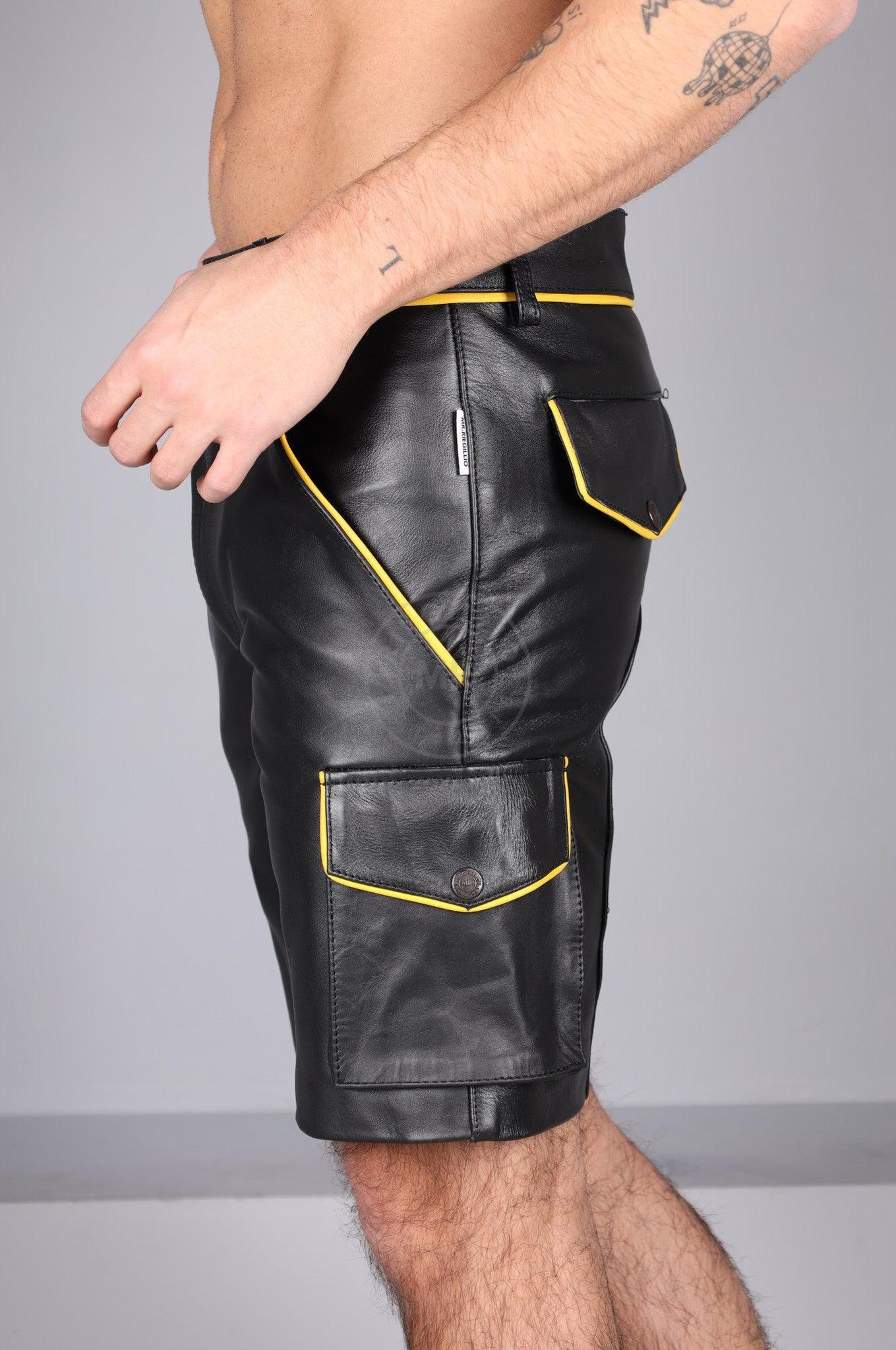 Black Leather Cargo Short - Yellow Piping at MR. Riegillio