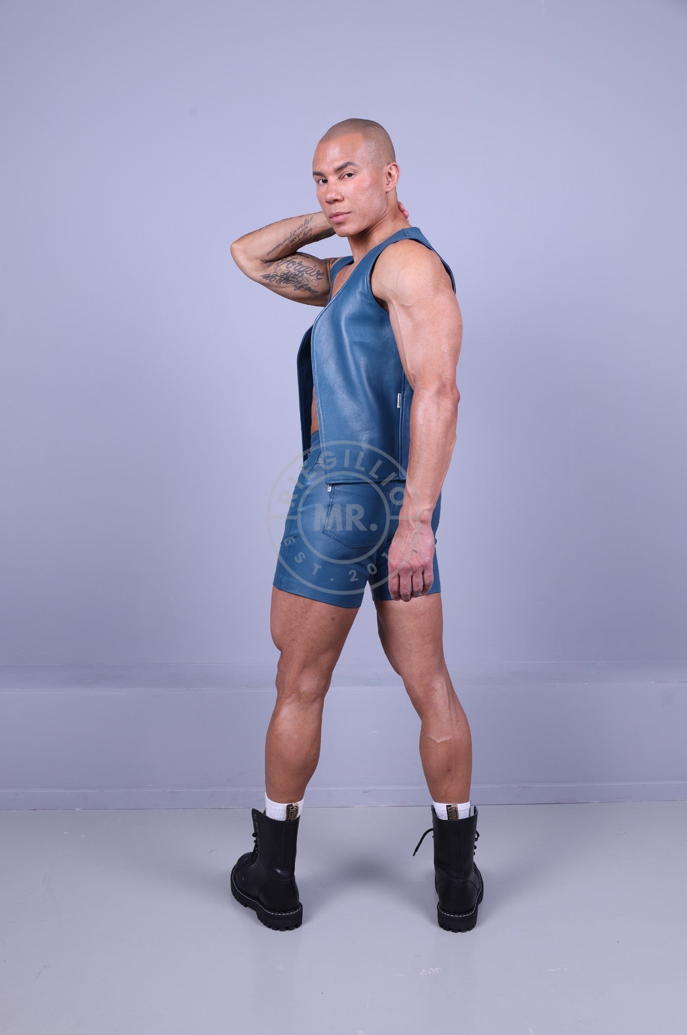 Leather Waistcoat - Jeans Blue at MR. Riegillio