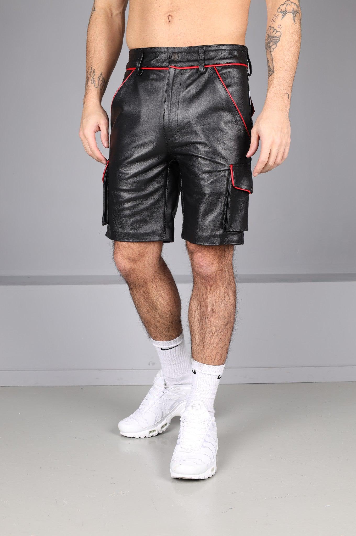 Black Leather Cargo Short - Red Piping at MR. Riegillio