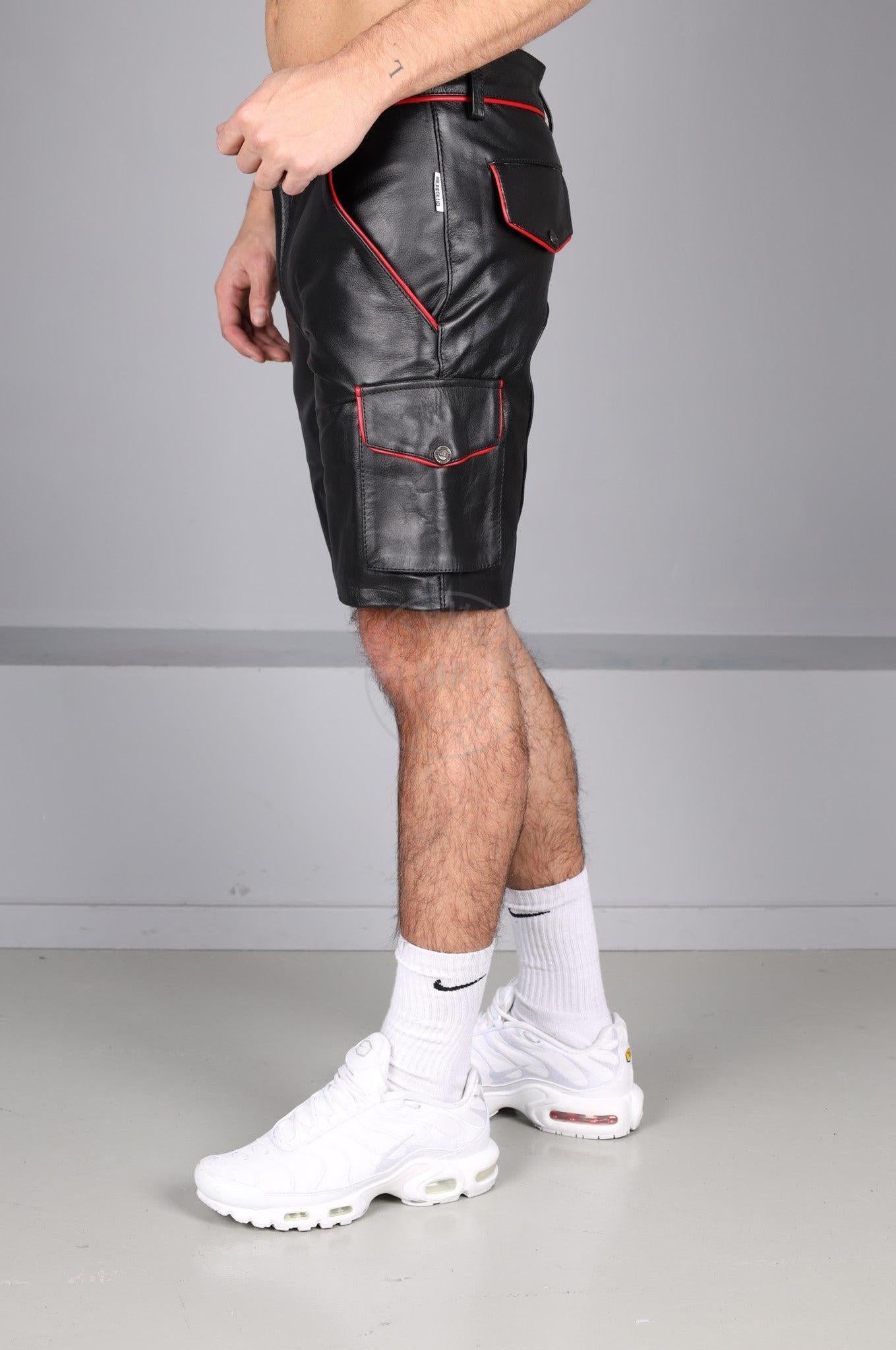 Black Leather Cargo Short - Red Piping at MR. Riegillio