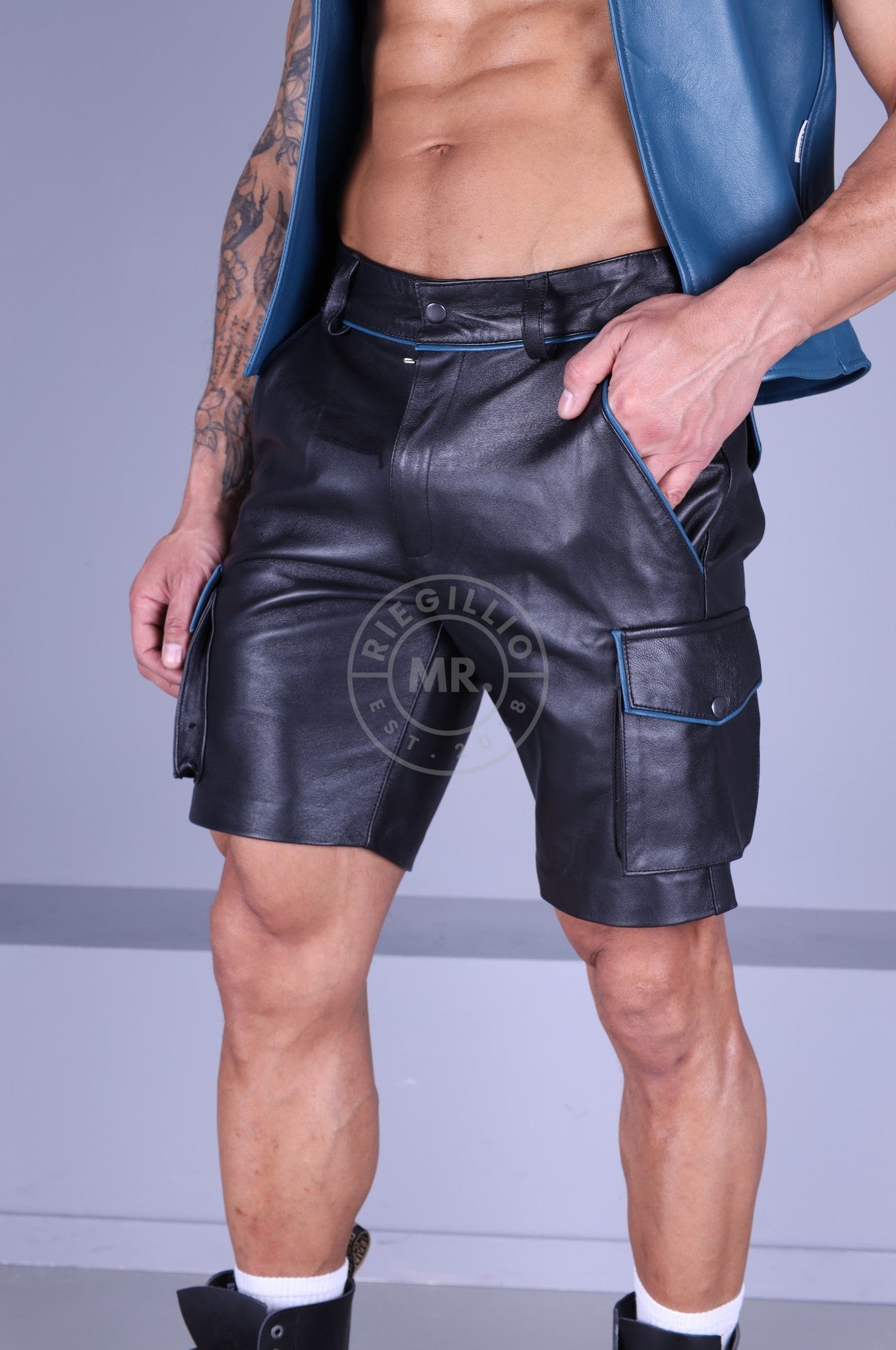Black Leather Cargo Short - Jeans Blue Piping-at MR. Riegillio