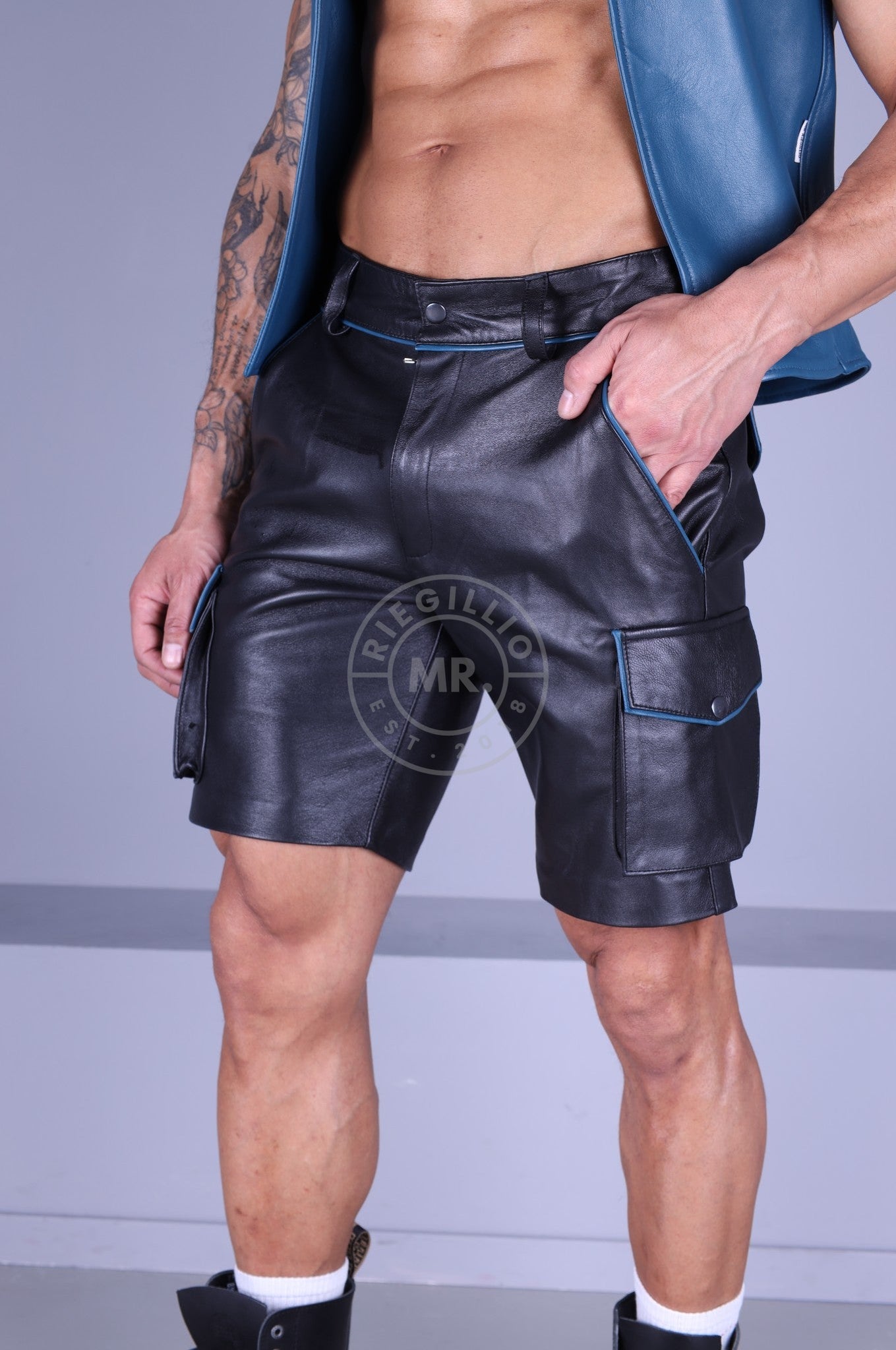 Black Leather Cargo Short - Jeans Blue Piping at MR. Riegillio