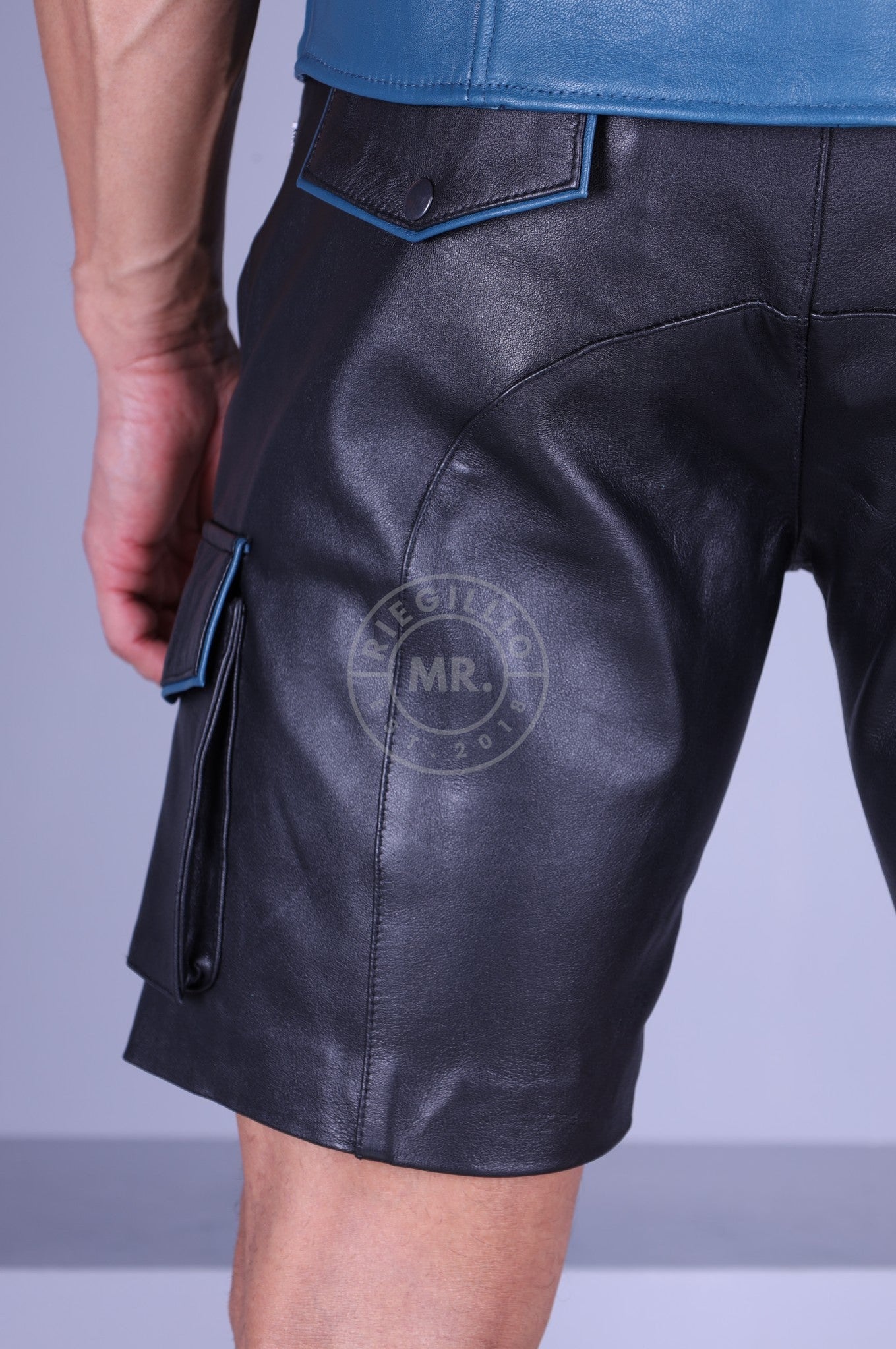 Black Leather Cargo Short - Jeans Blue Piping at MR. Riegillio