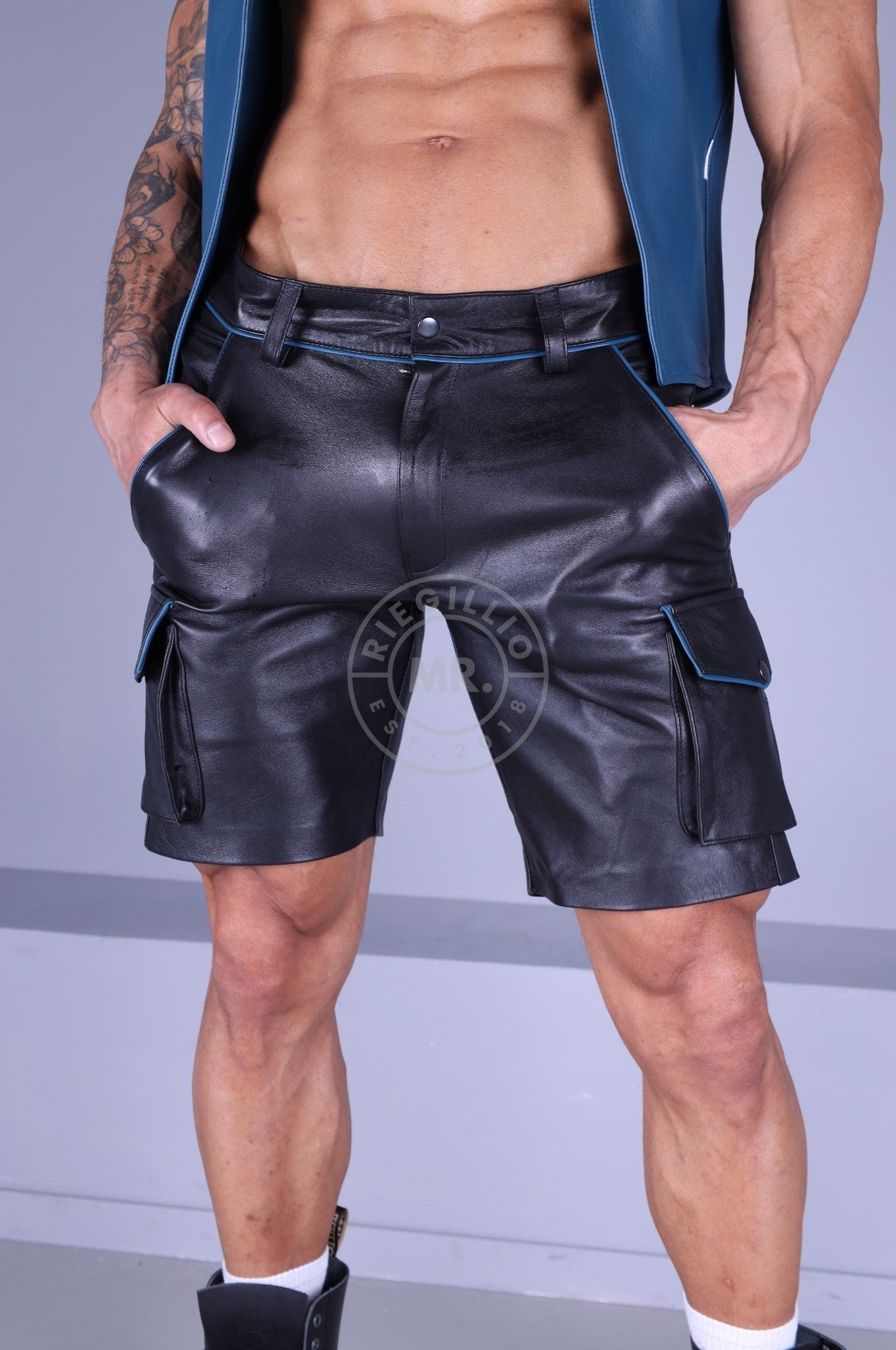 Black Leather Cargo Short - Jeans Blue Piping at MR. Riegillio