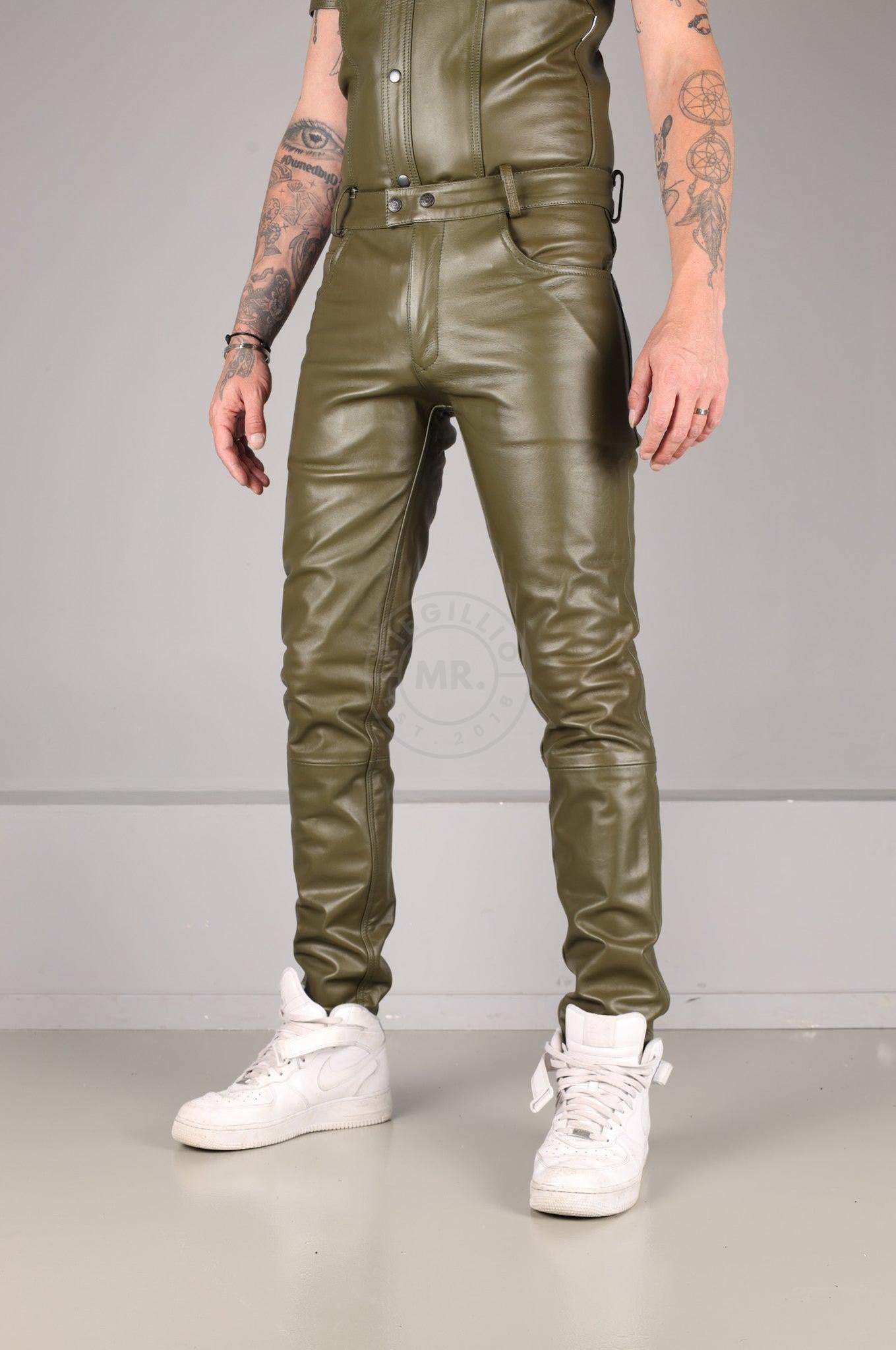 Army Green Leather 5 Pocket Pants at MR. Riegillio
