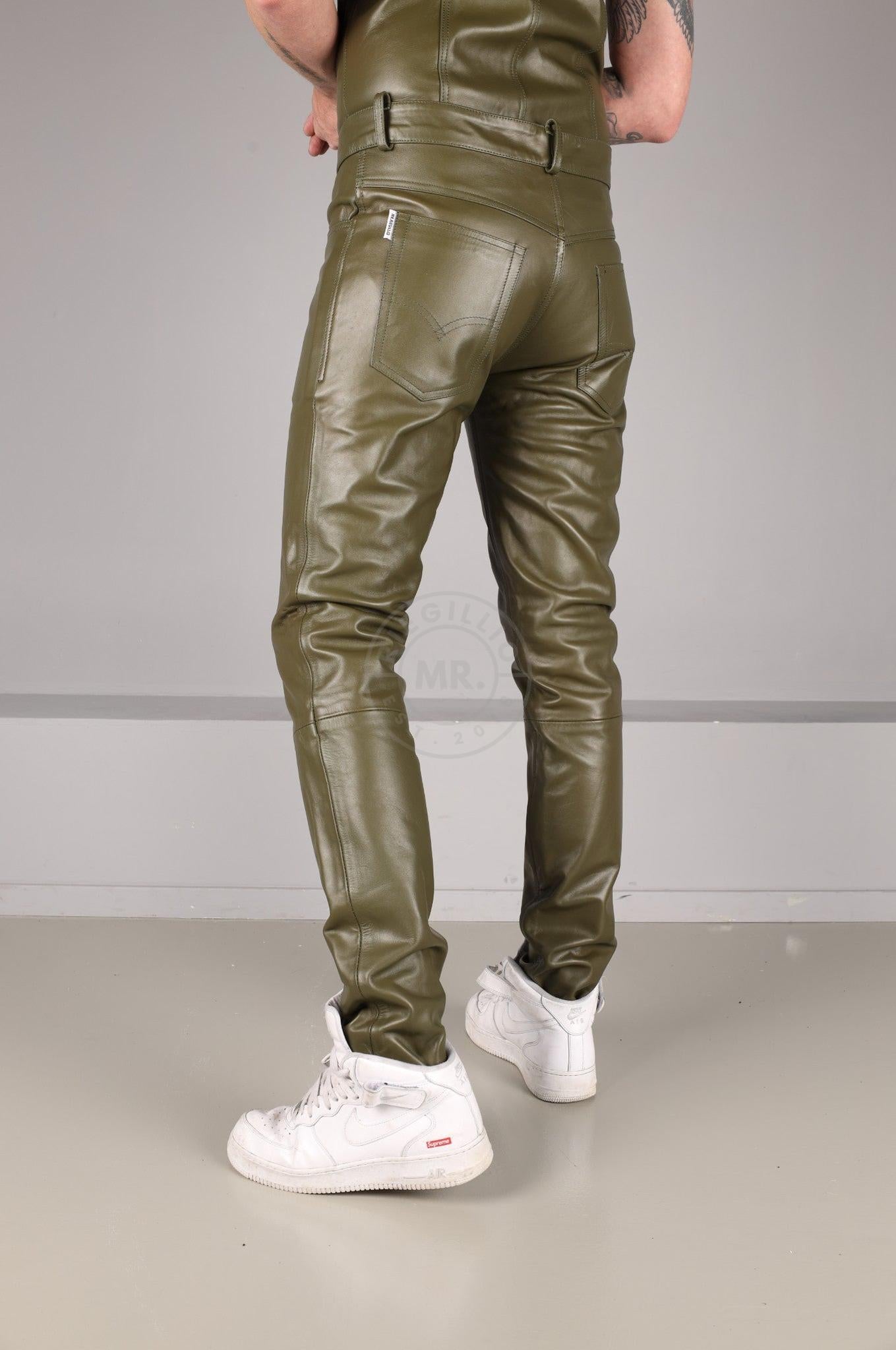 Army Green Leather 5 Pocket Pants at MR. Riegillio
