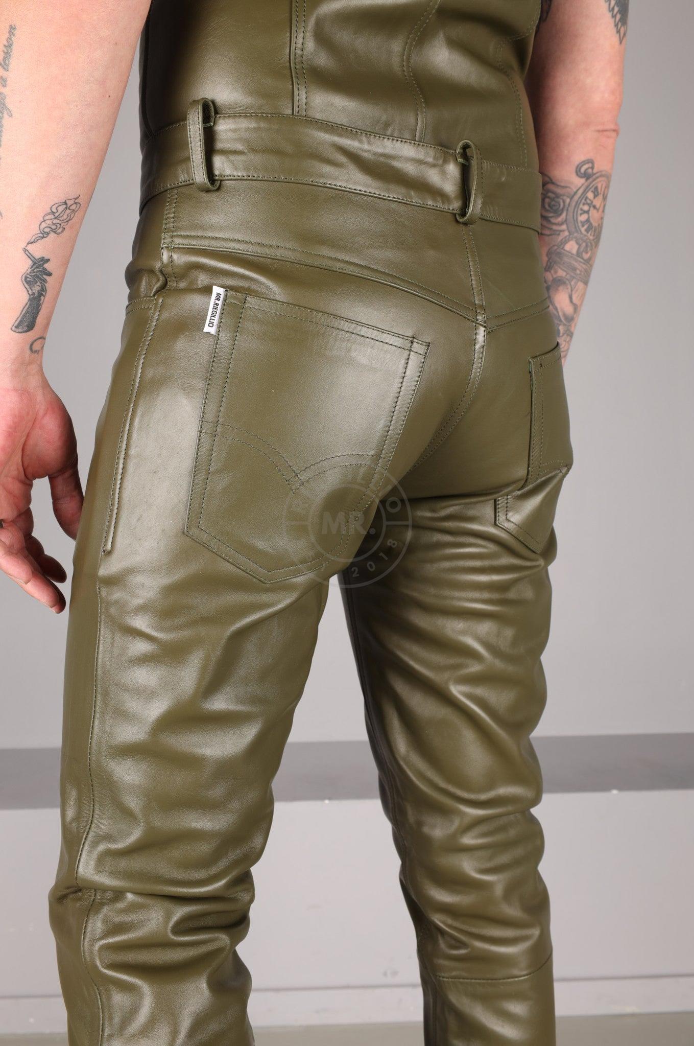 Army Green Leather 5 Pocket Pants at MR. Riegillio