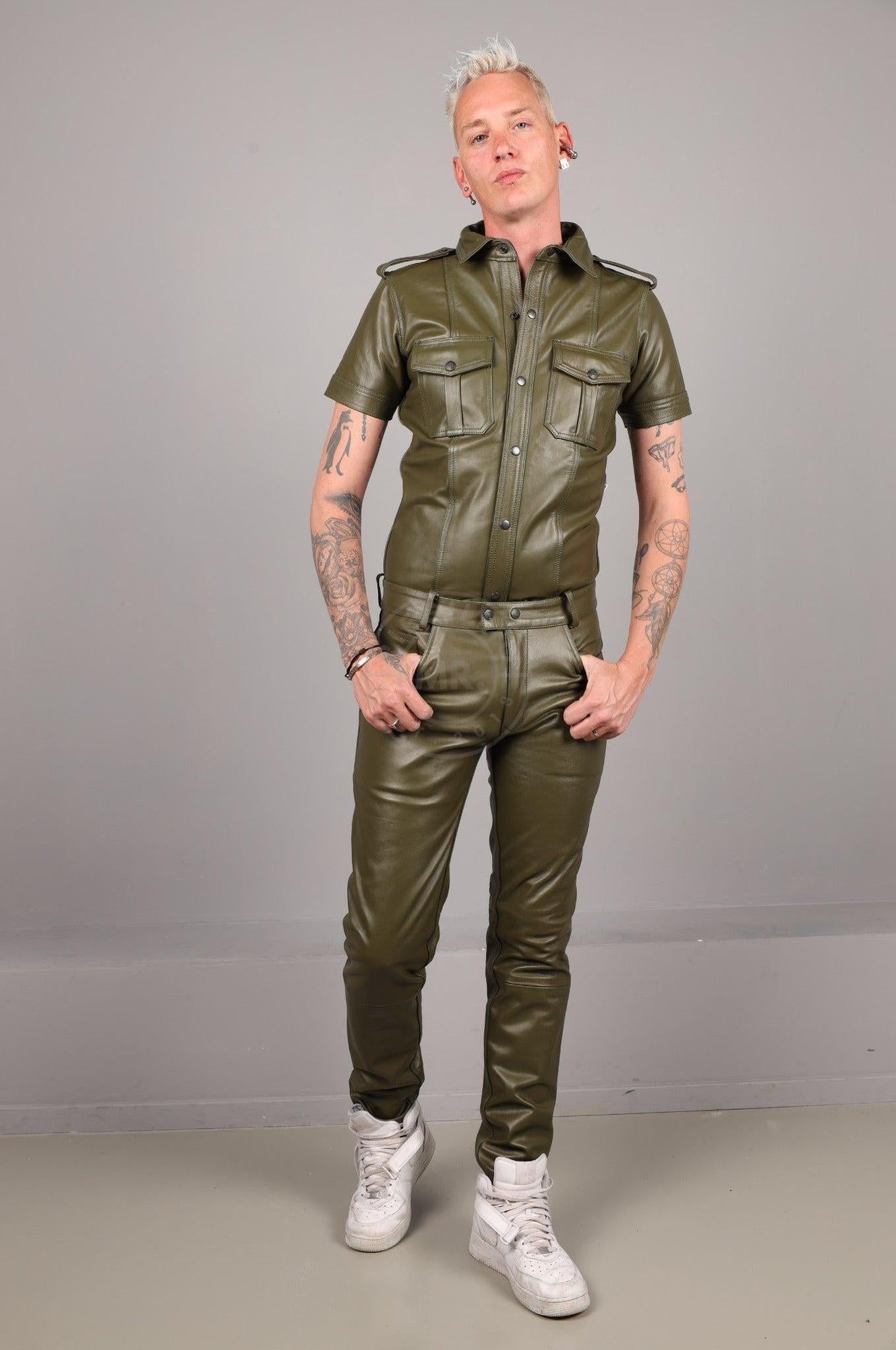 Army Green Leather 5 Pocket Pants at MR. Riegillio