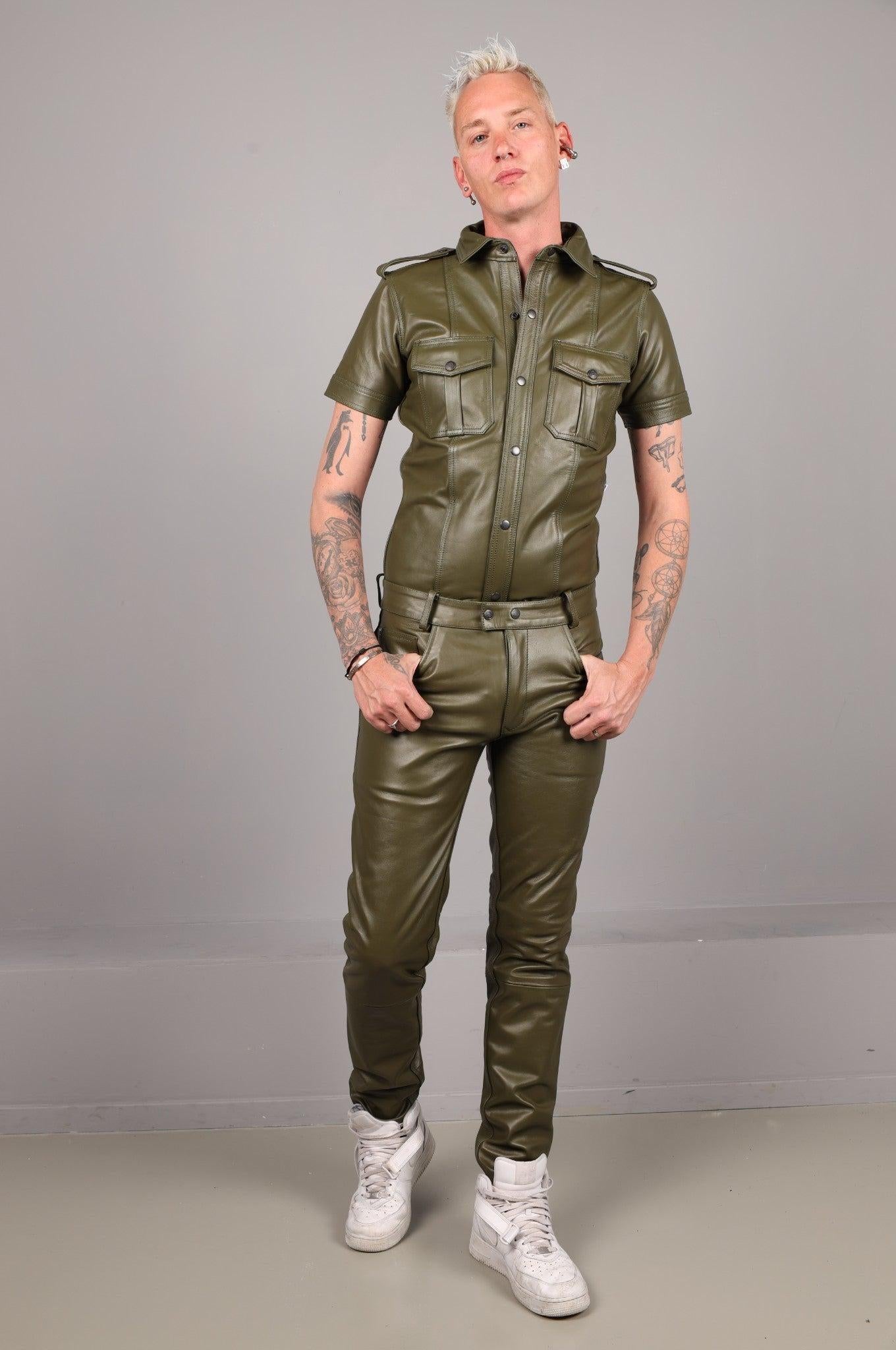 Army Green Leather 5 Pocket Pants at MR. Riegillio