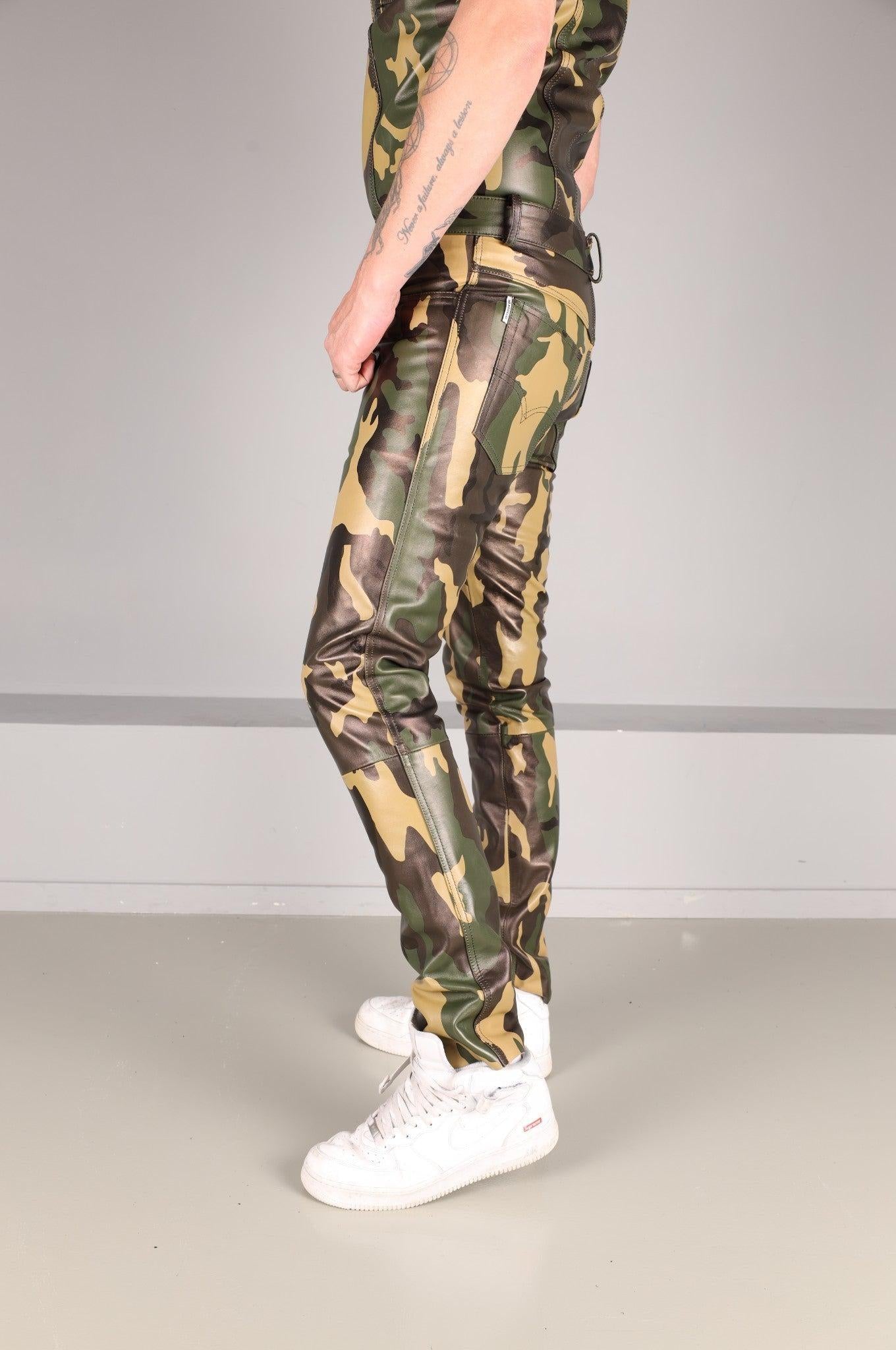 Green Camo Leather 5 Pocket Pants at MR. Riegillio