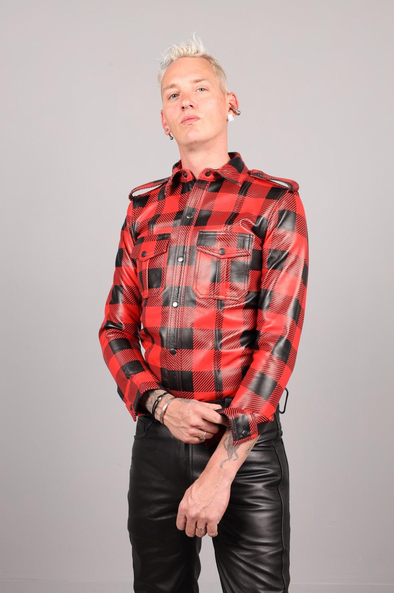 Red Flannel Leather Long Sleeve Shirt at MR. Riegillio