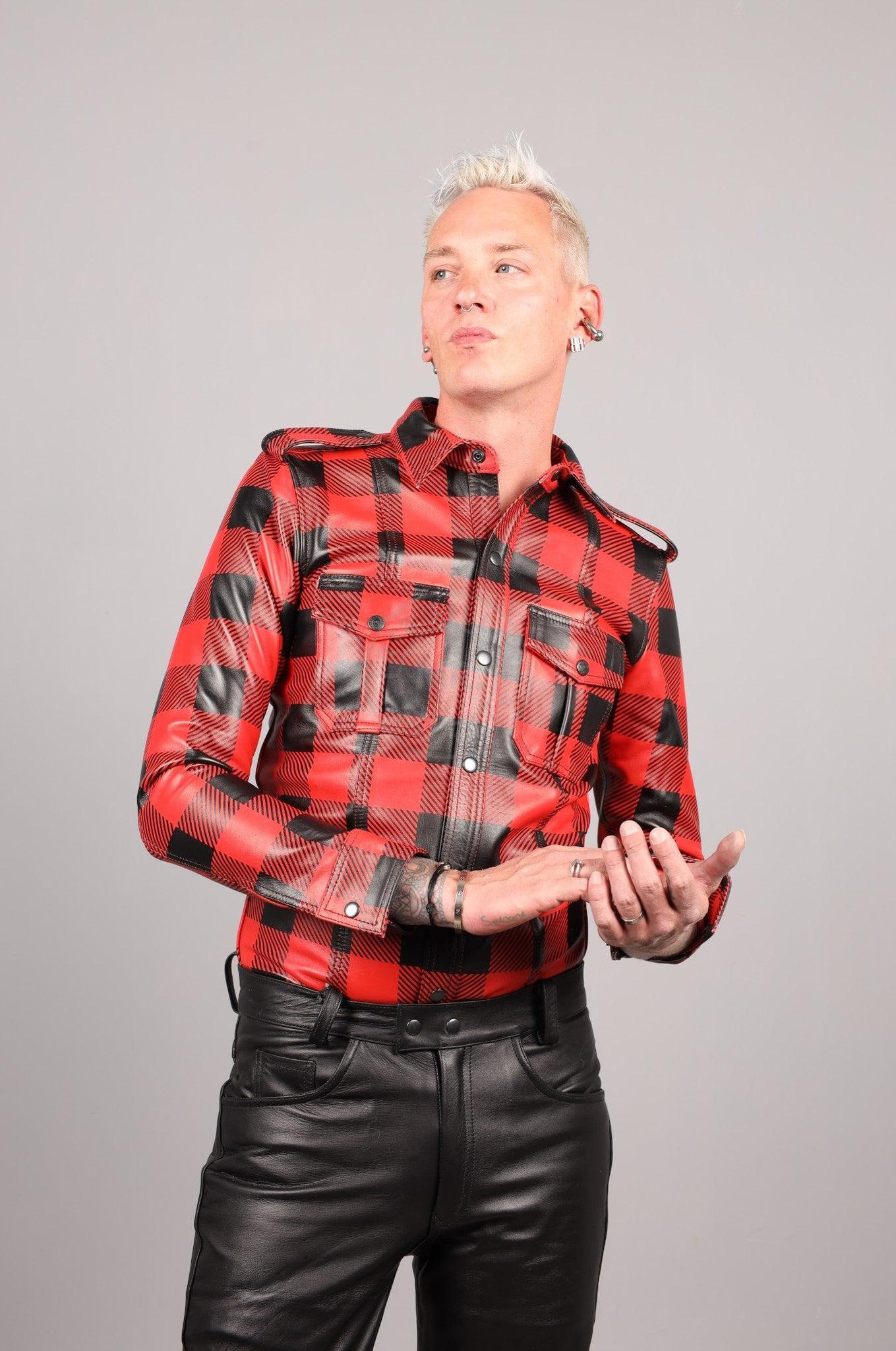 Red Flannel Leather Long Sleeve Shirt at MR. Riegillio