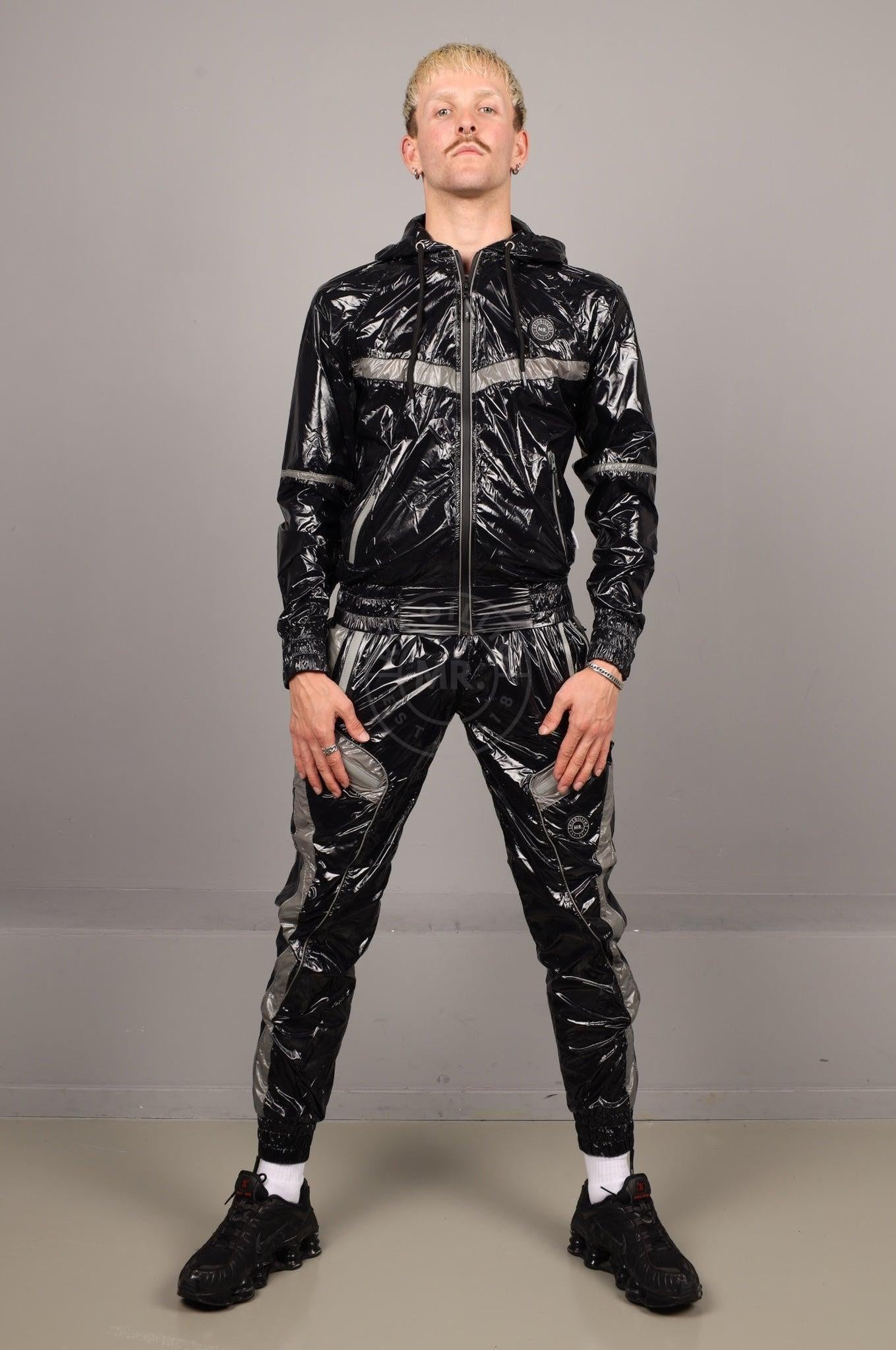 Shiny Nylon BASE Tracksuit Pants - Grey at MR. Riegillio