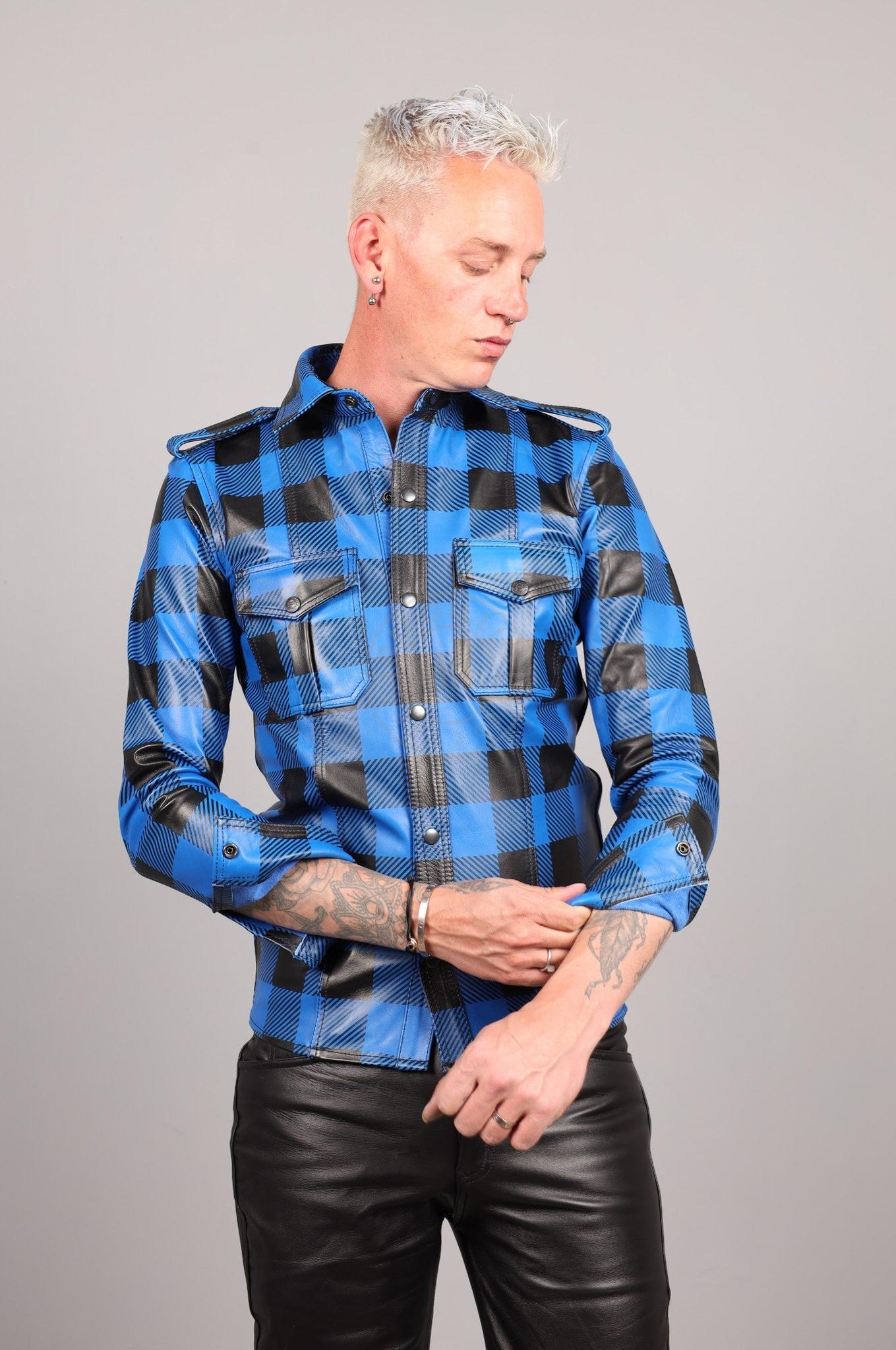 Blue Flannel Leather Long Sleeve Shirt at MR. Riegillio