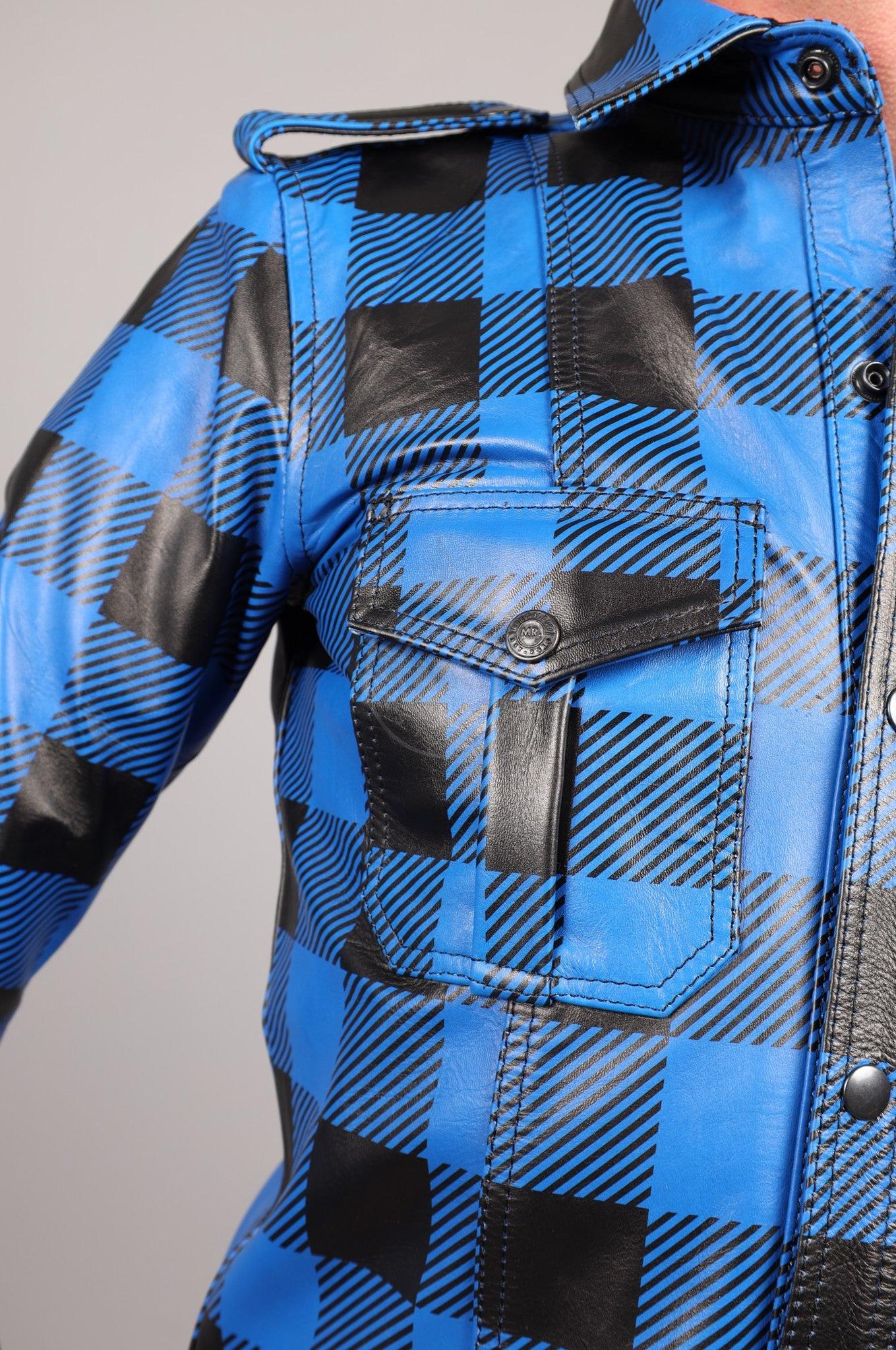 Blue Flannel Leather Long Sleeve Shirt at MR. Riegillio