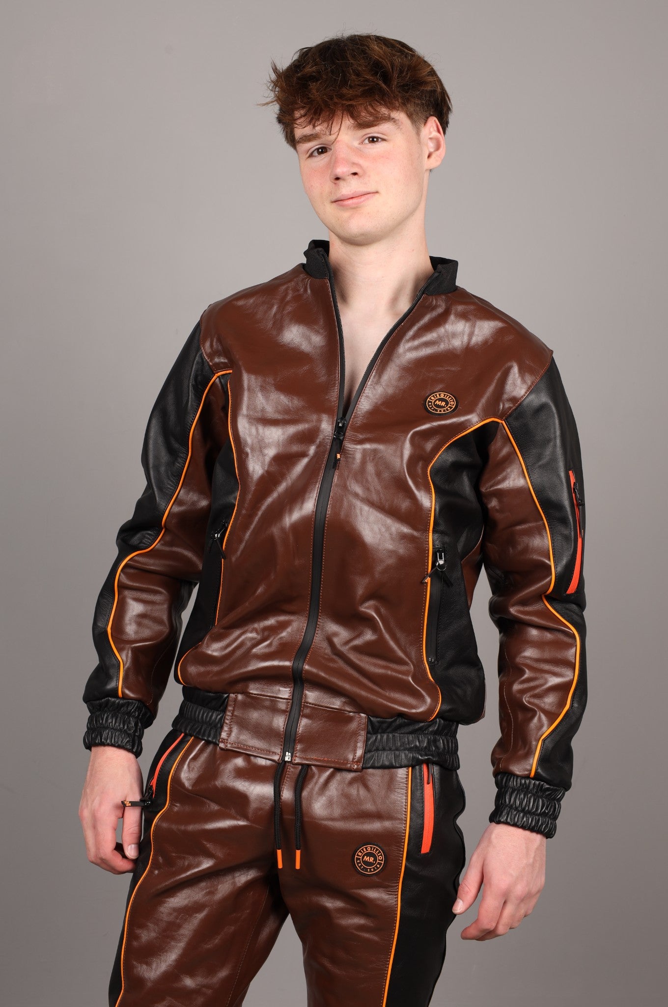 Leder-Trainingsanzugjacke – Braun/Schwarz
