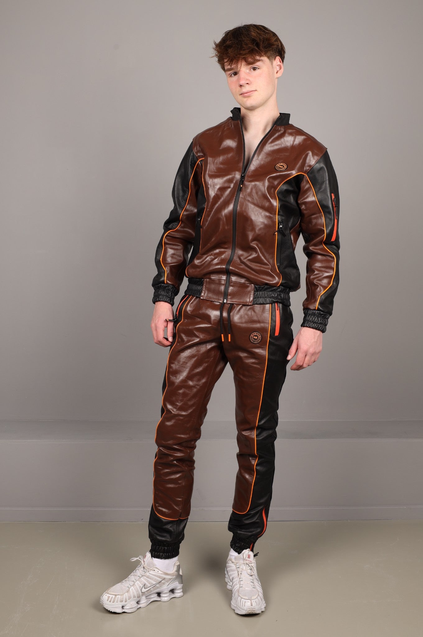 Leder-Trainingsanzugjacke – Braun/Schwarz