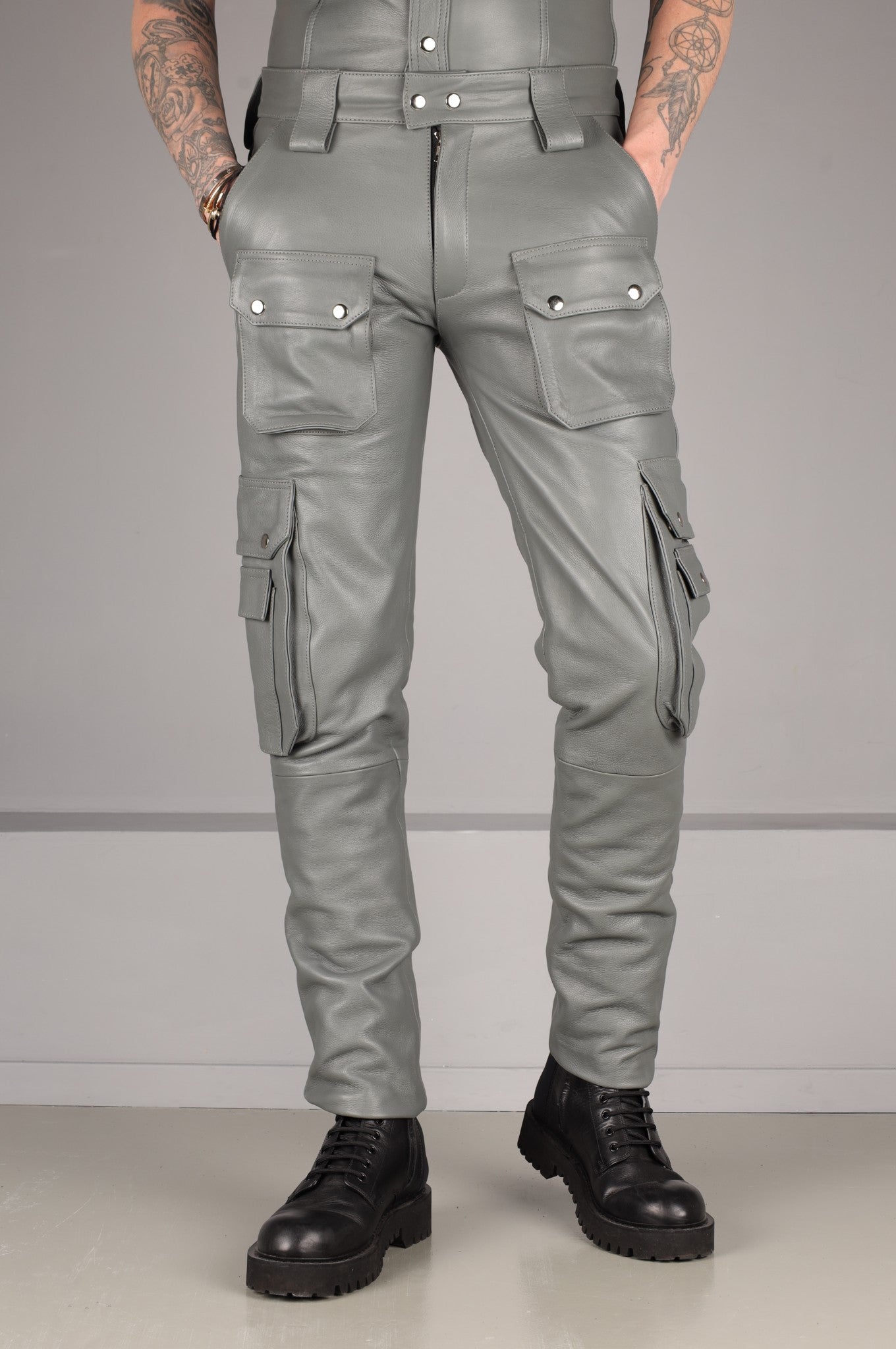 Slate Grey Leather Pants - Snap Pockets
