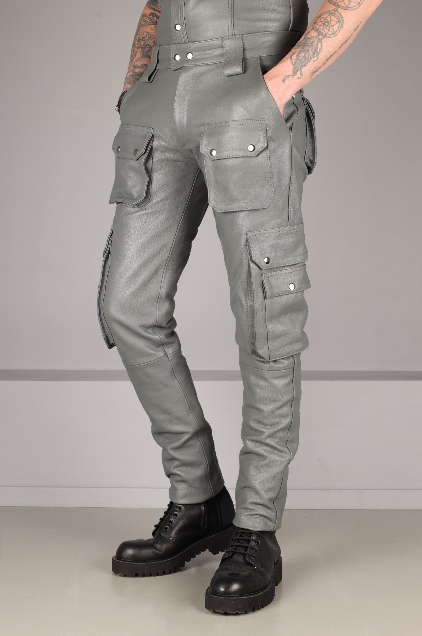 Slate Grey Leather Pants - Snap Pockets