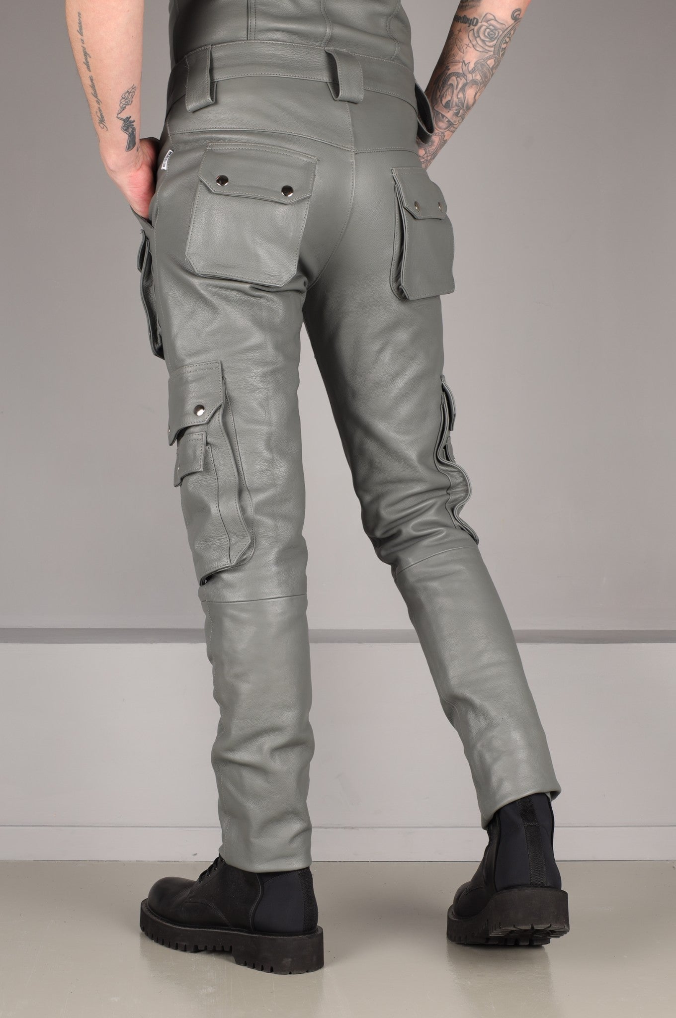 Slate Grey Leather Pants - Snap Pockets