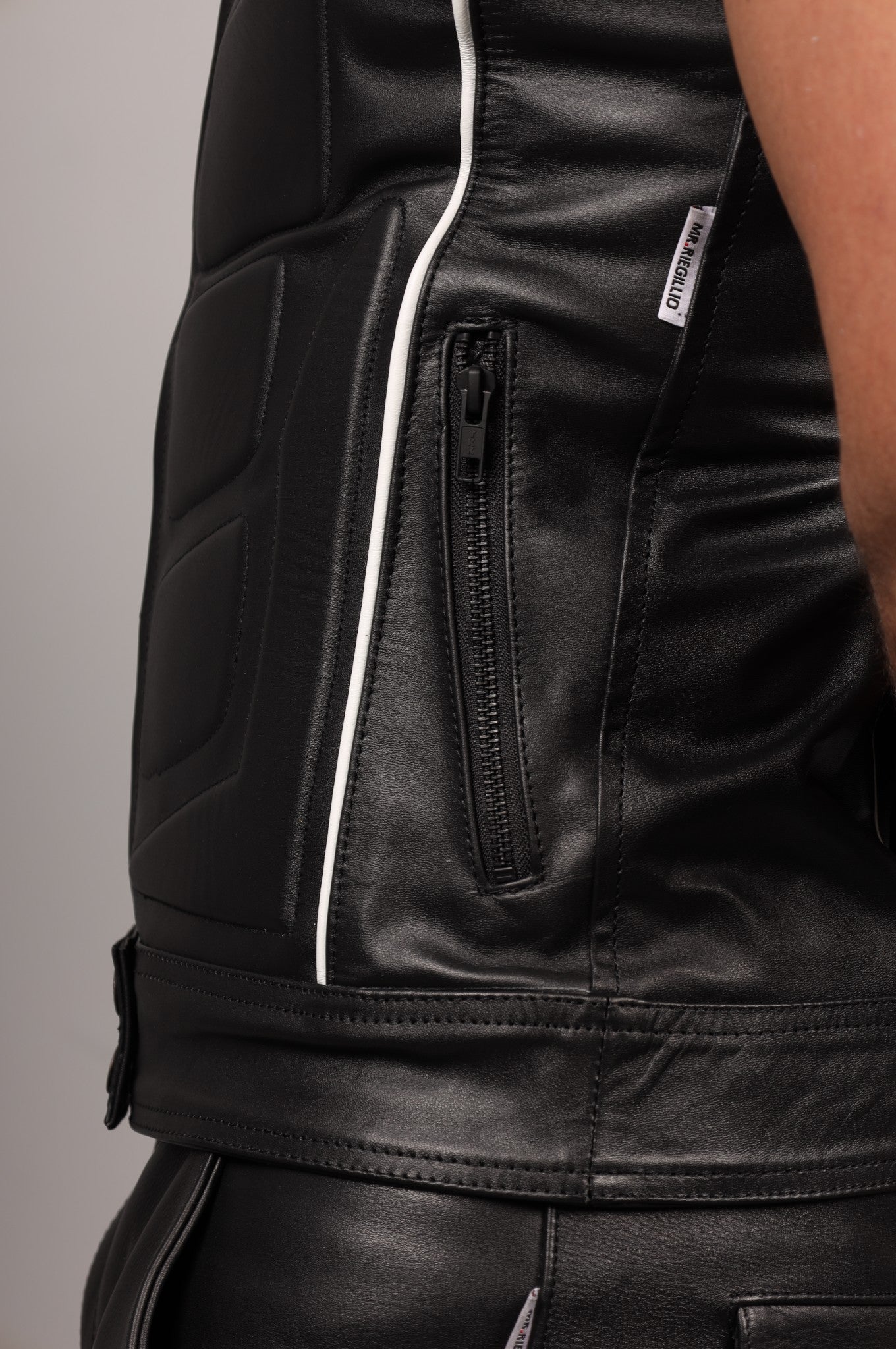 Black Leather Bullet Vest - White Piping