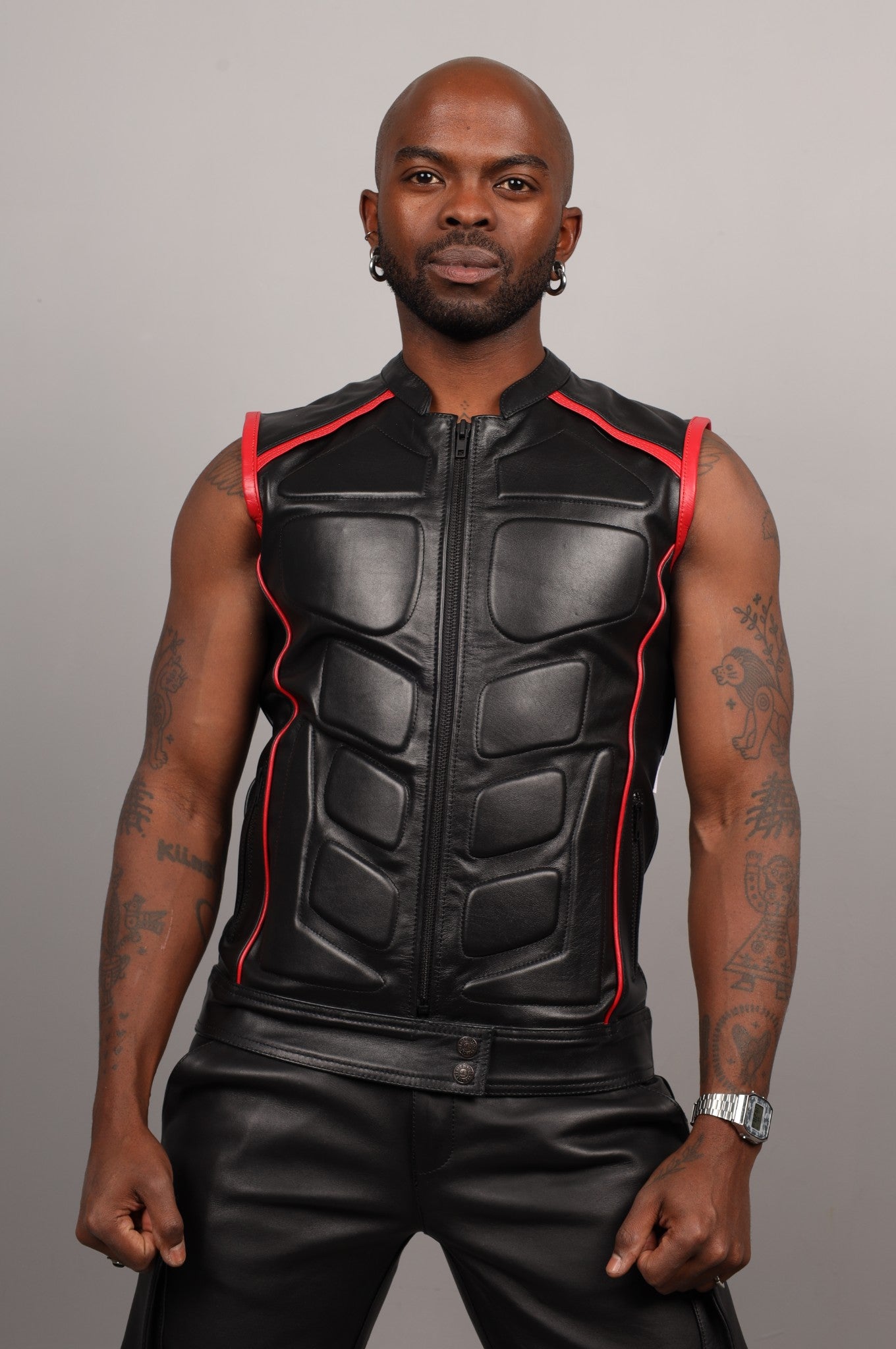Black Leather Bullet Vest - Red Piping