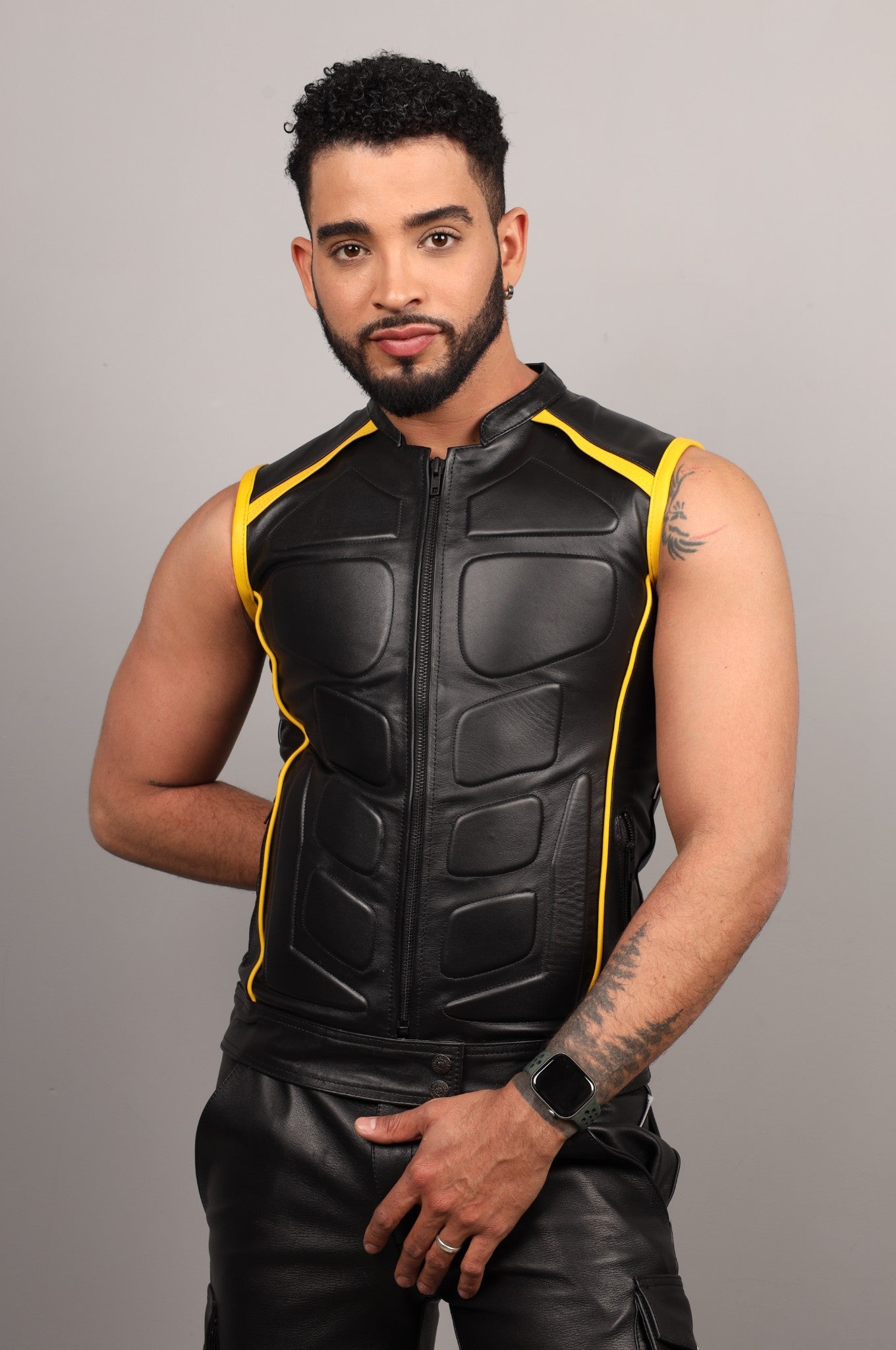 Black Leather Bullet Vest - Yellow Piping