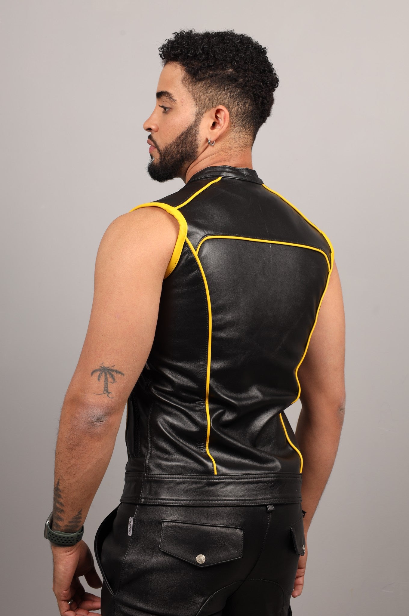 Black Leather Bullet Vest - Yellow Piping