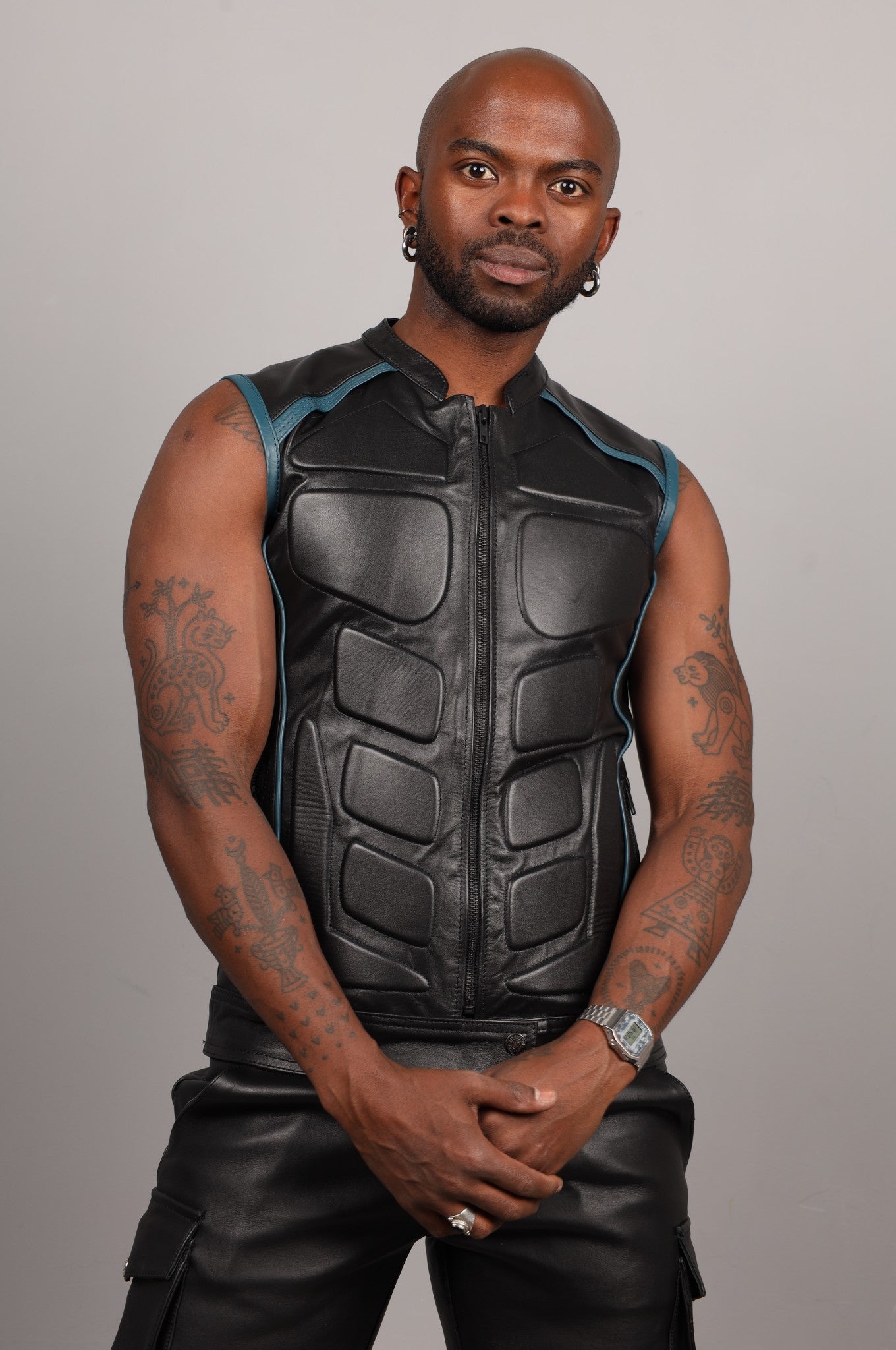 Black Leather Bullet Vest - Jeans Blue Piping