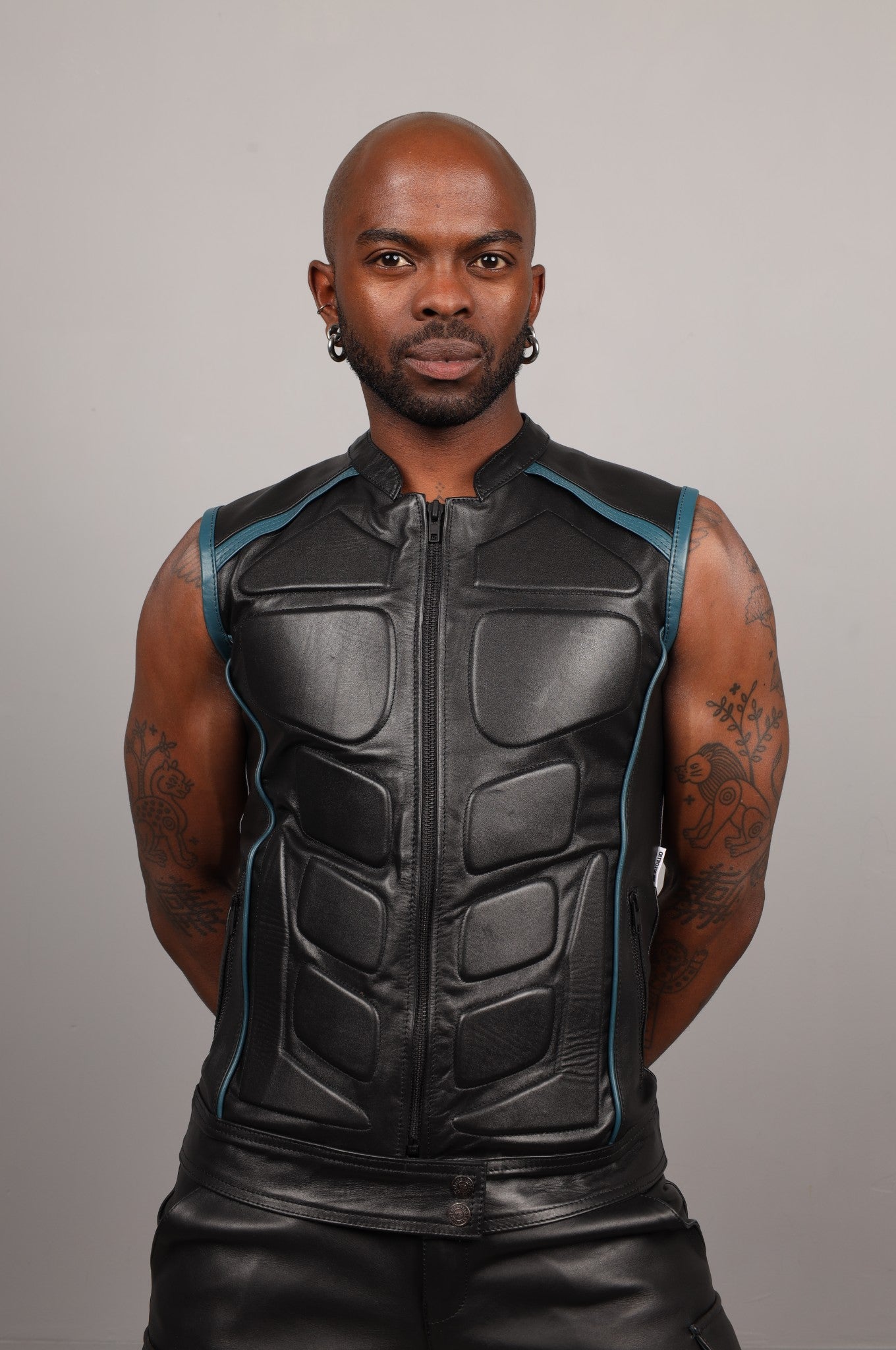 Black Leather Bullet Vest - Jeans Blue Piping