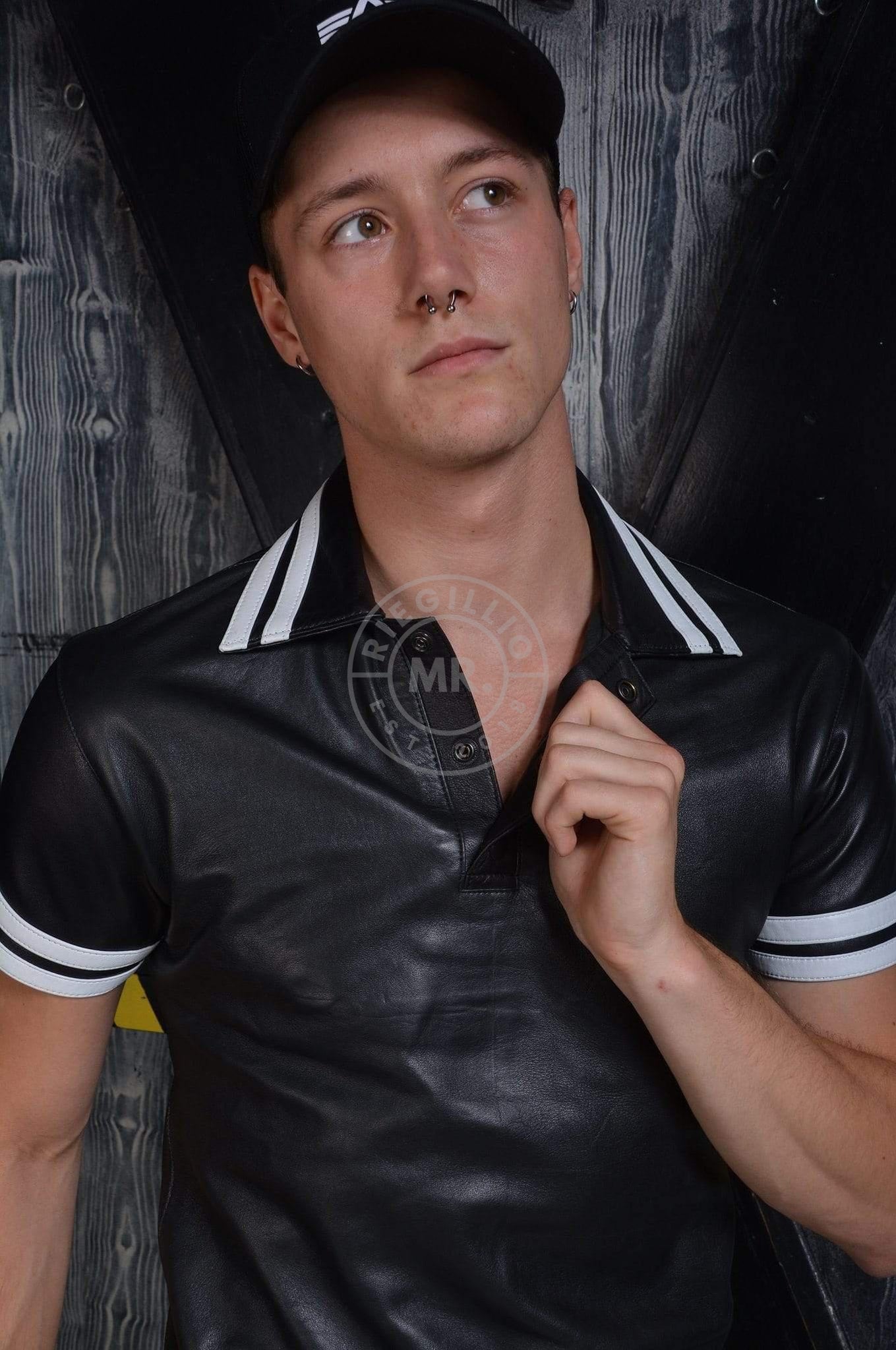 Black Leather Polo - White Stripes at MR. Riegillio