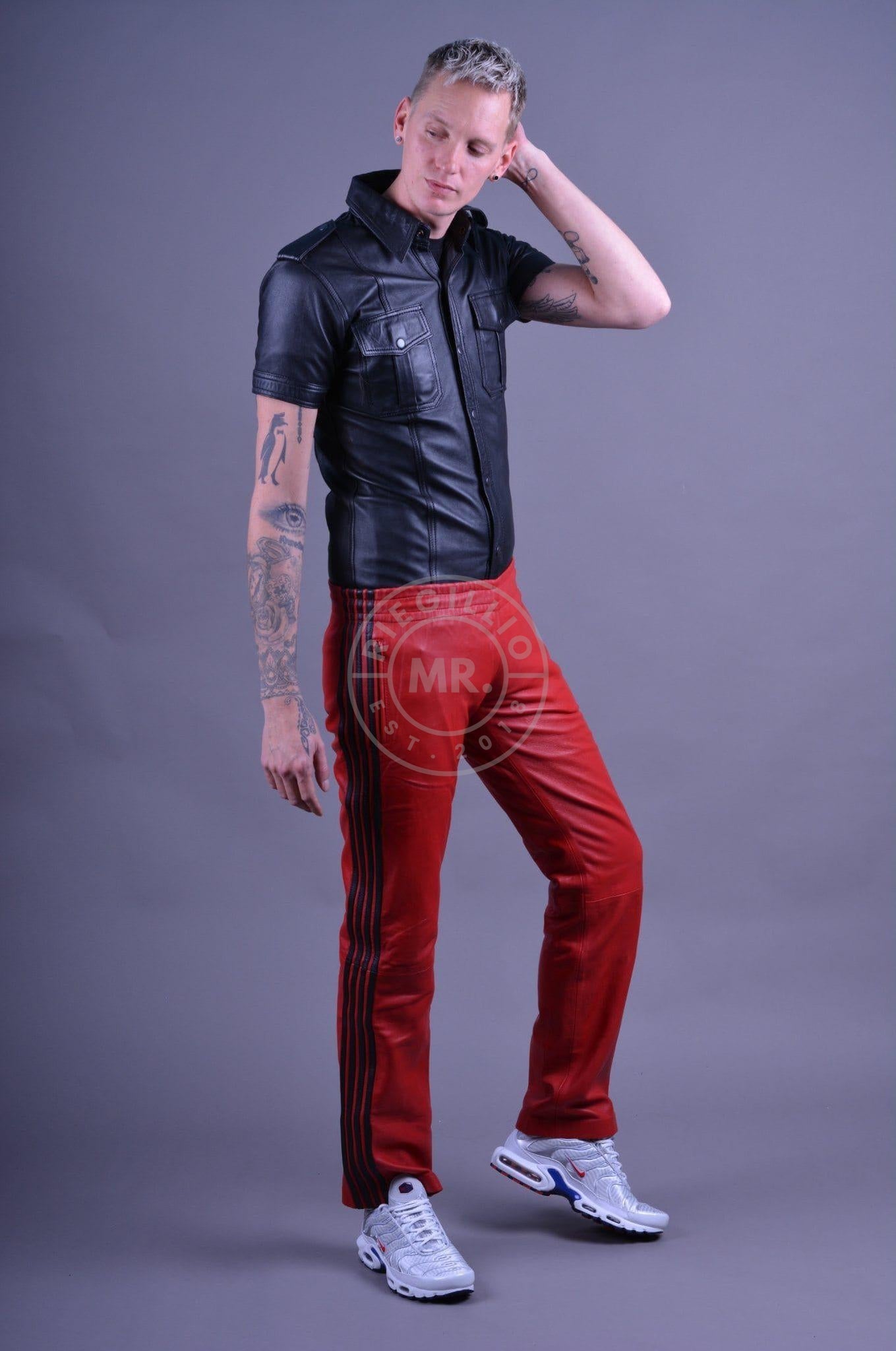 Red Leather Pants - BLACK STRIPES at MR. Riegillio