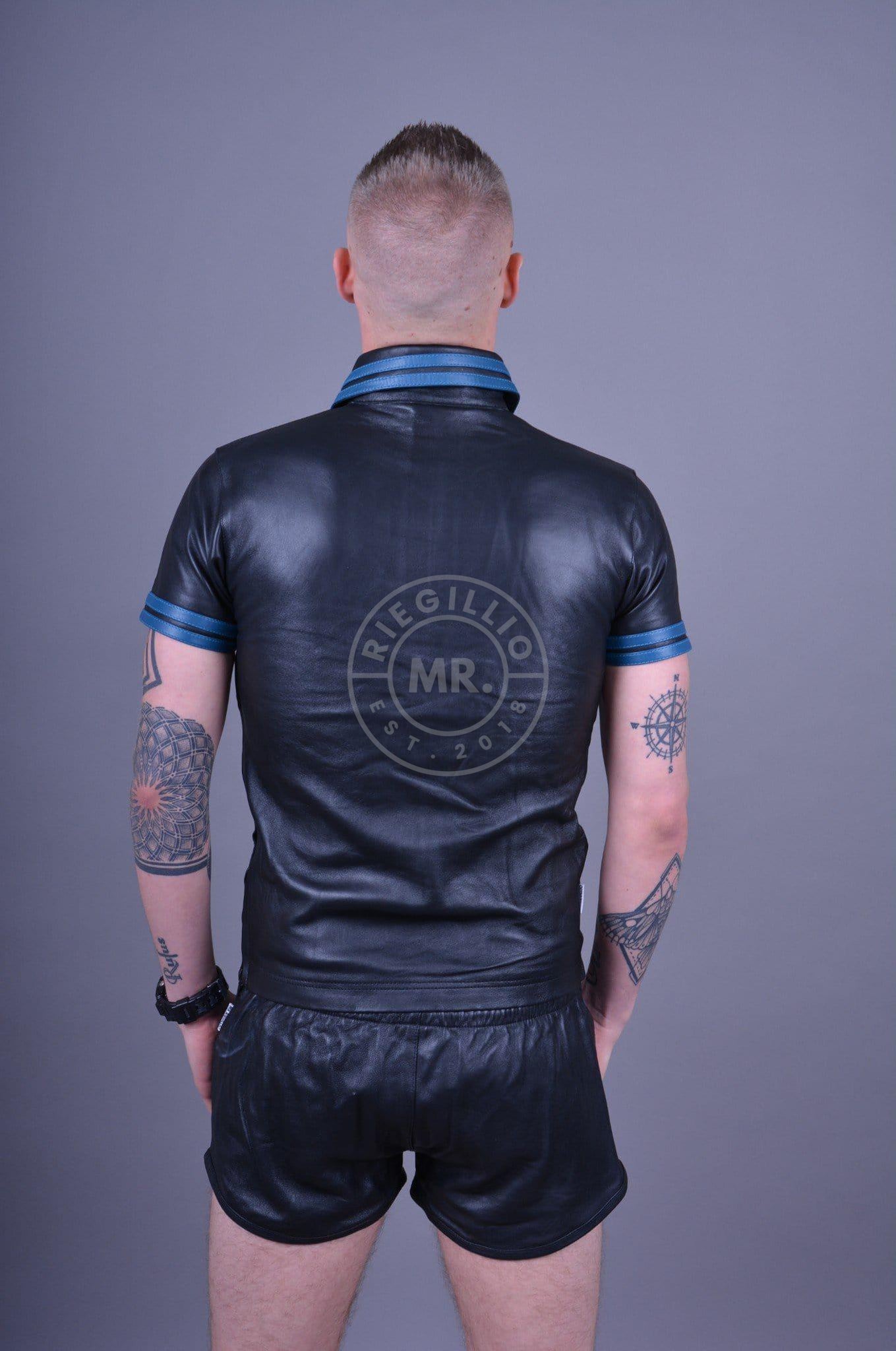 Black Leather Polo - Blue Stripes at MR. Riegillio