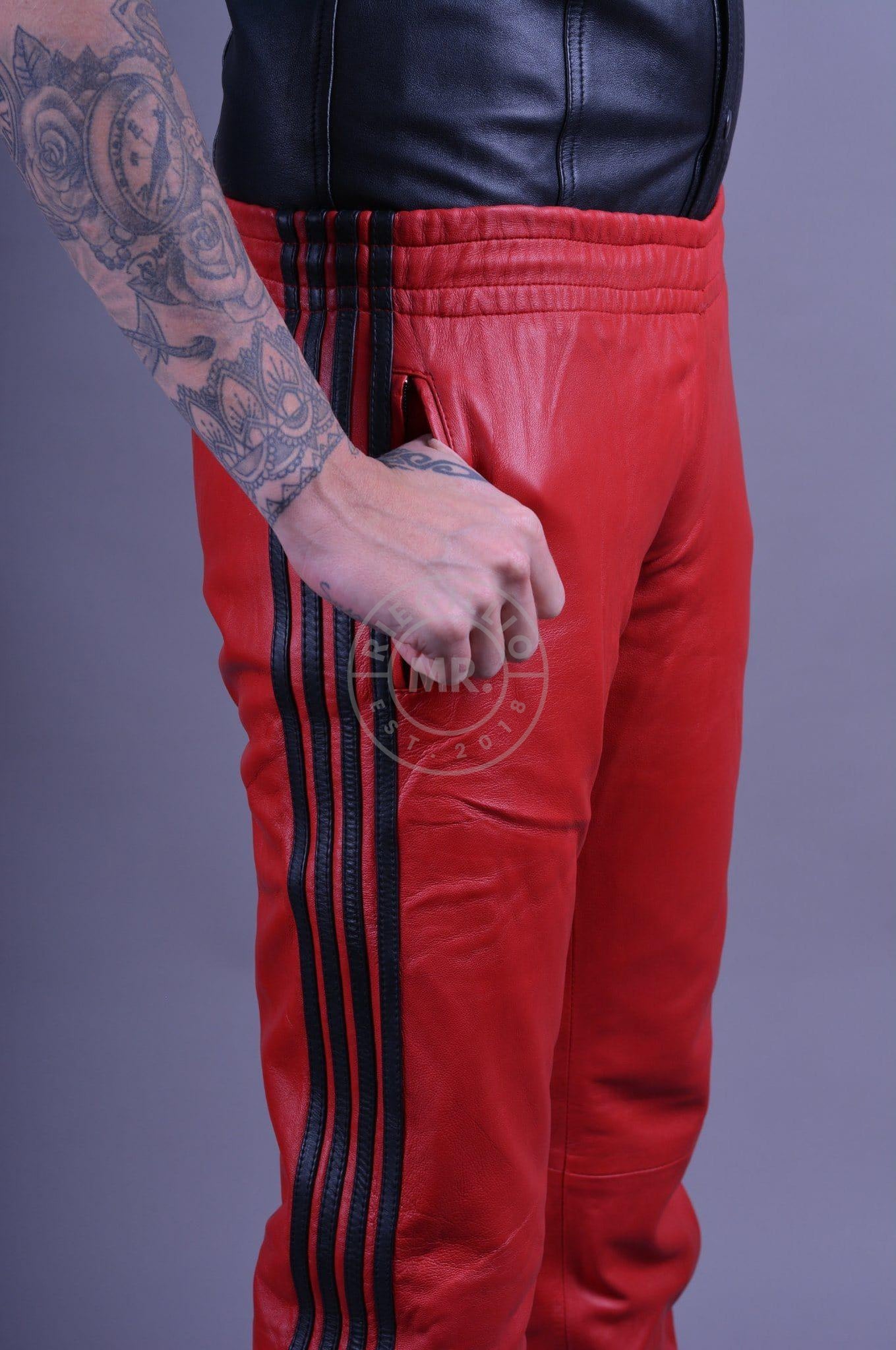 Red Leather Pants - BLACK STRIPES at MR. Riegillio